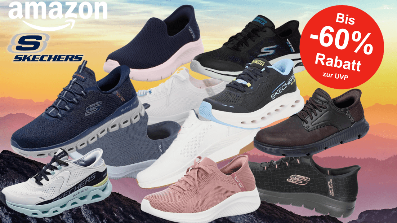 Verschiedene Modelle der Skechers Slip-Ins Sneaker vor einem bunten Hintergrund.