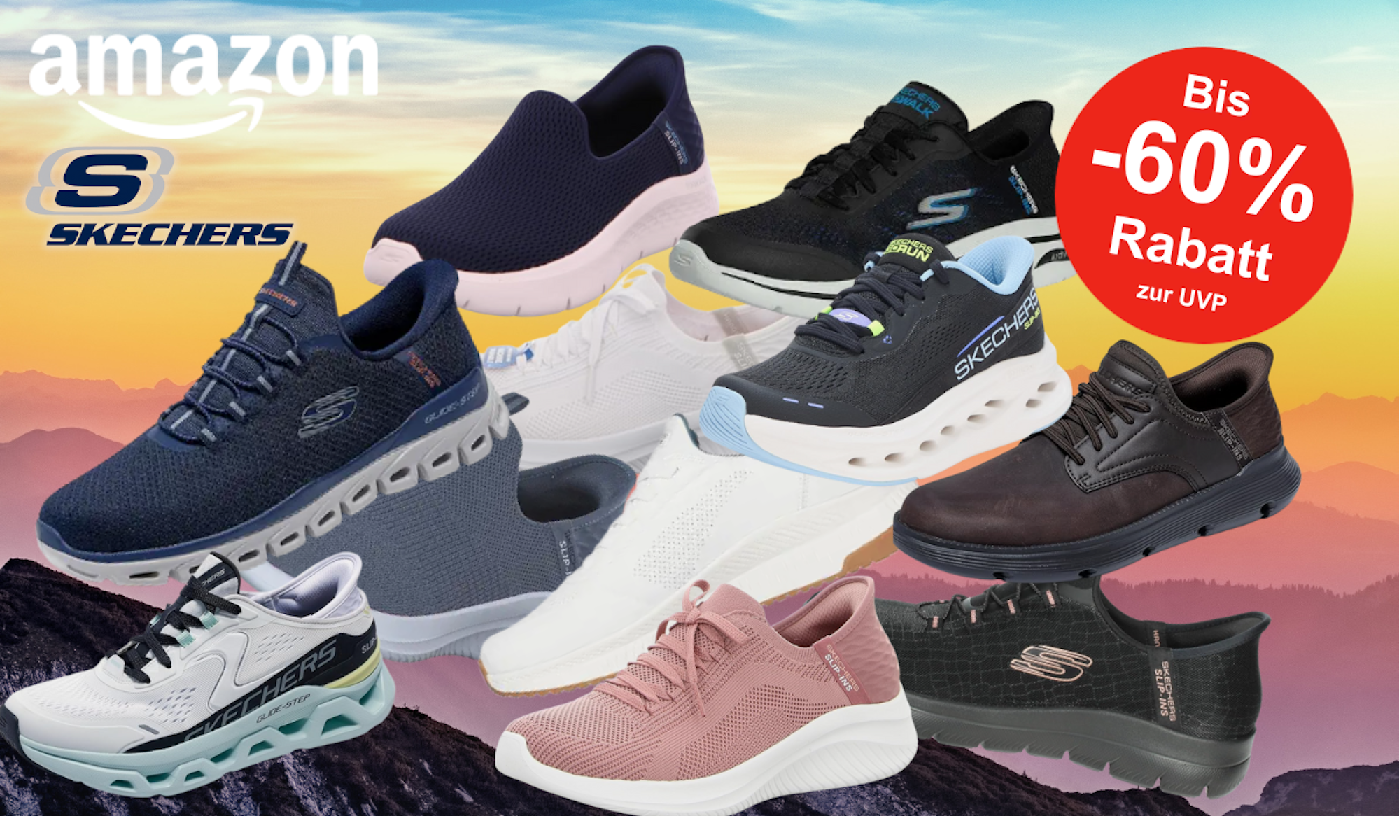 Verschiedene Modelle der Skechers Slip-Ins Sneaker vor einem bunten Hintergrund.