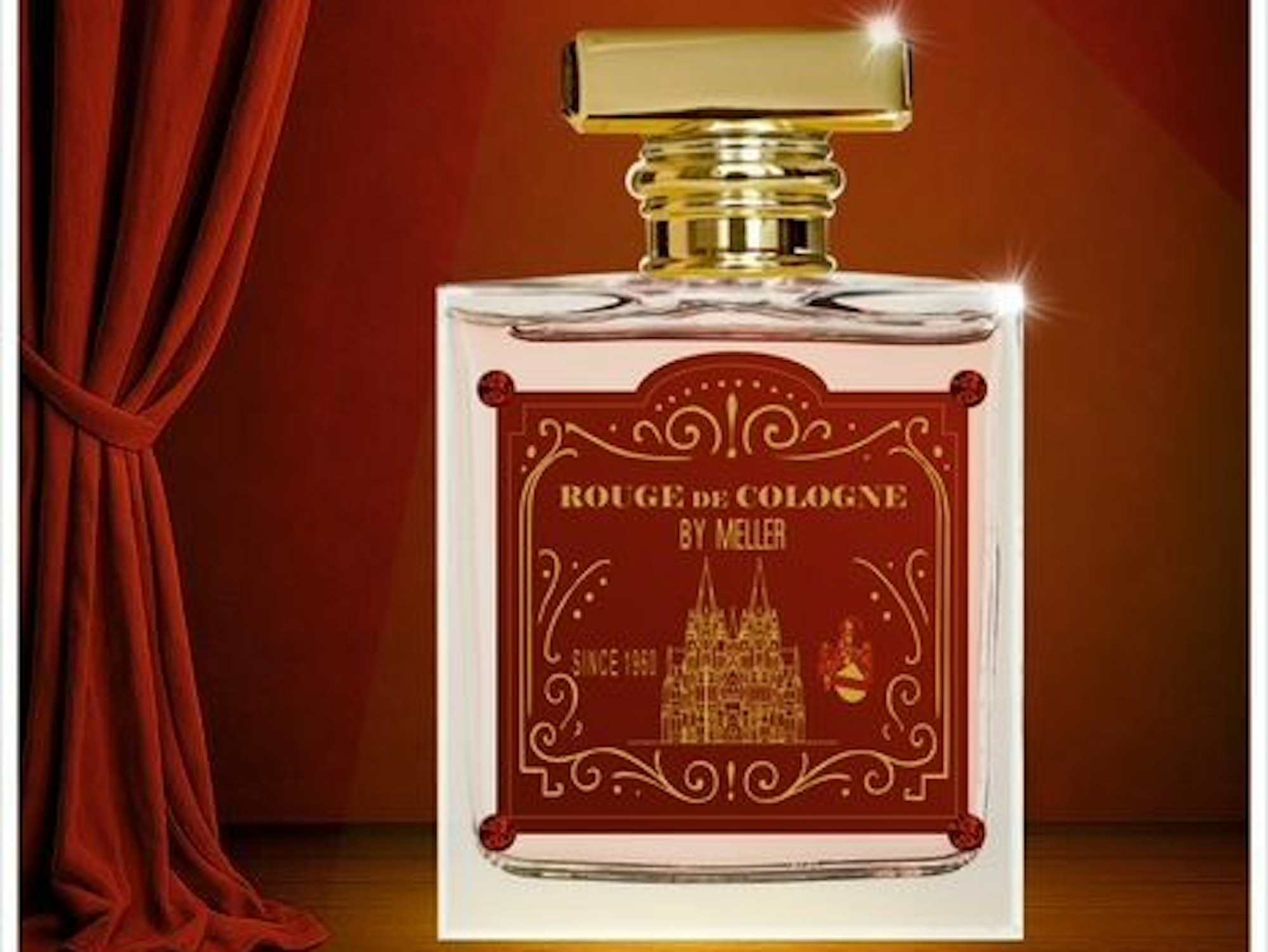 Ein Parfumflakon mit dunkelrot-goldenem Etikett, das den Kölner Dom zeigt.