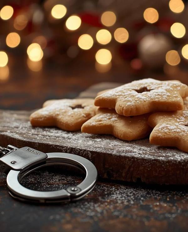 Weihnachtsplätzchen mit Puderzucker auf einem Tisch, daneben ein paar Handschellen.