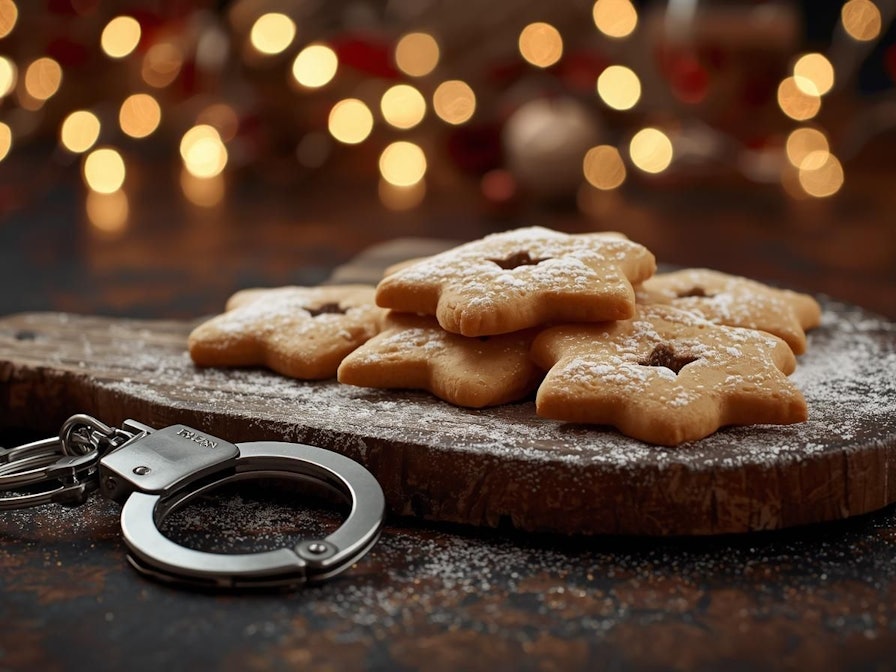Weihnachtsplätzchen mit Puderzucker auf einem Tisch, daneben ein paar Handschellen.