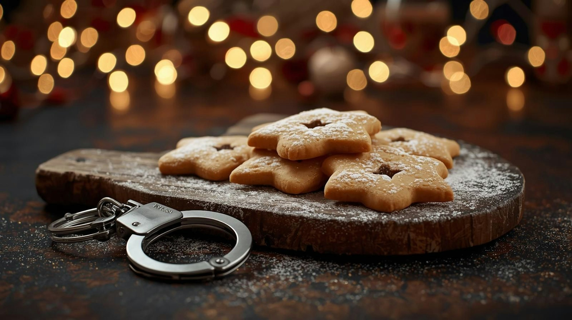 Weihnachtsplätzchen mit Puderzucker auf einem Tisch, daneben ein paar Handschellen.