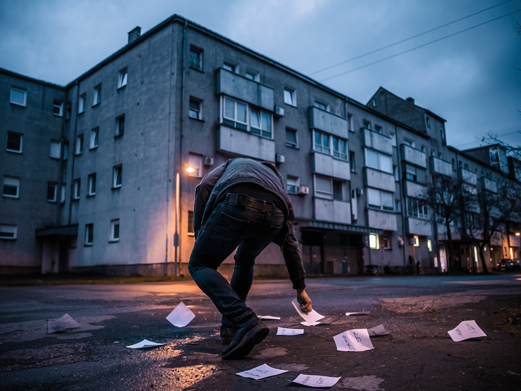 Das maschinell mithilfe von künstlicher Intelligenz erstellte Symbolbild zeigt einen Mann, der Zettel auf der Straße findet.