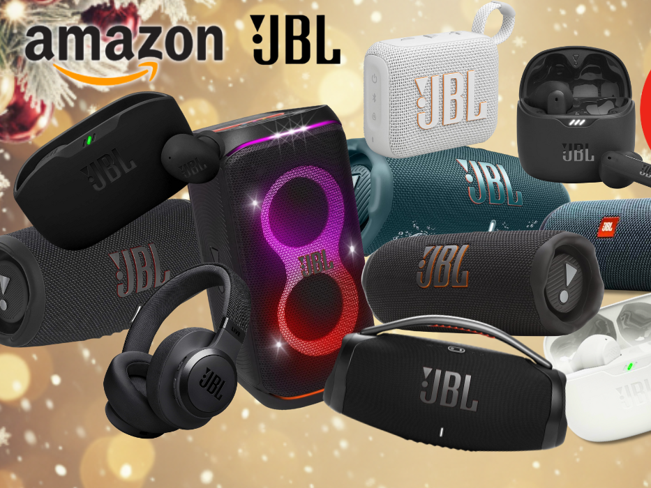 JBL Bluetooth Speaker Kopfhörer vor einem weihnachtlichen Hintergrund