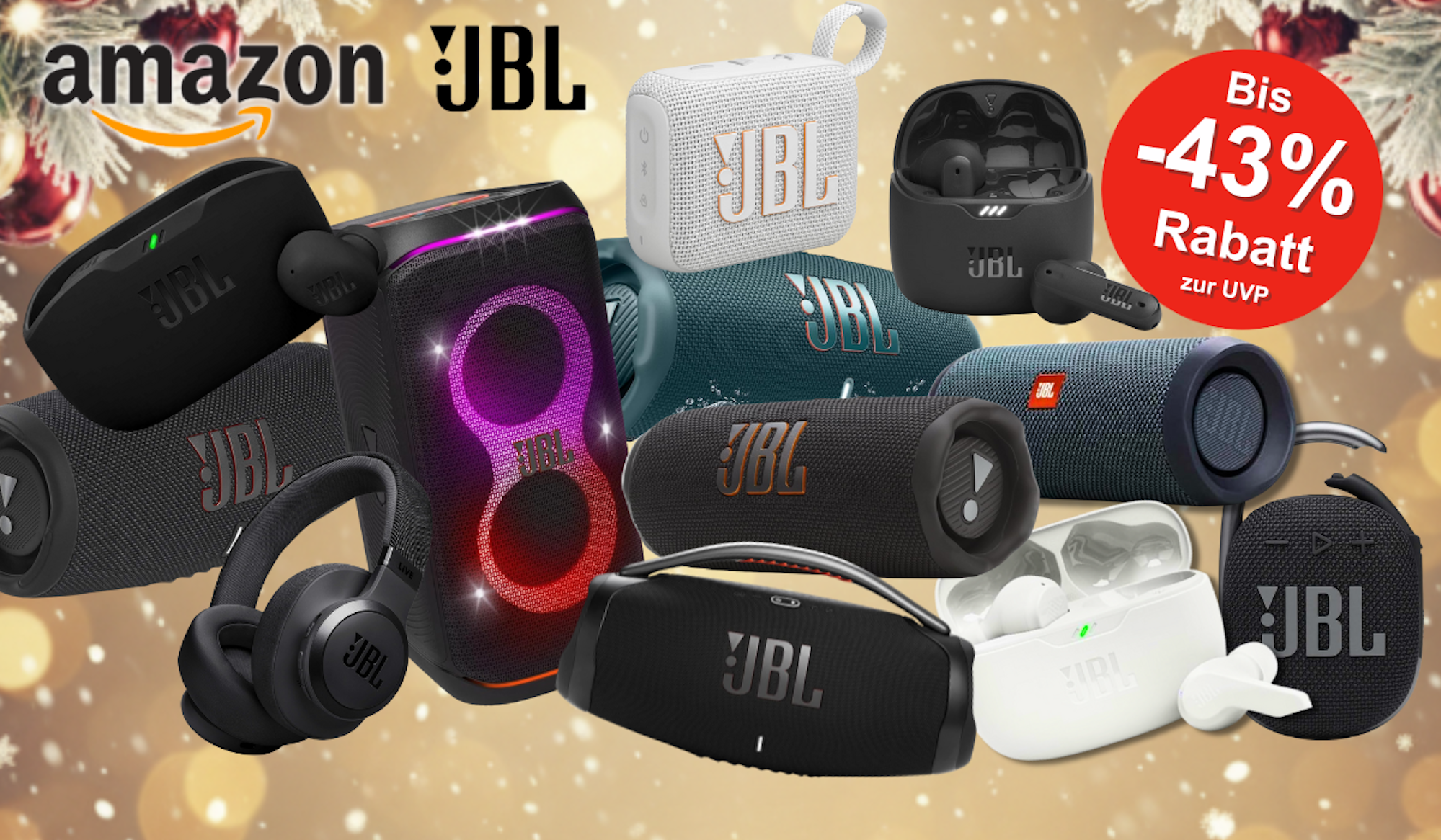 JBL Bluetooth Speaker Kopfhörer vor einem weihnachtlichen Hintergrund