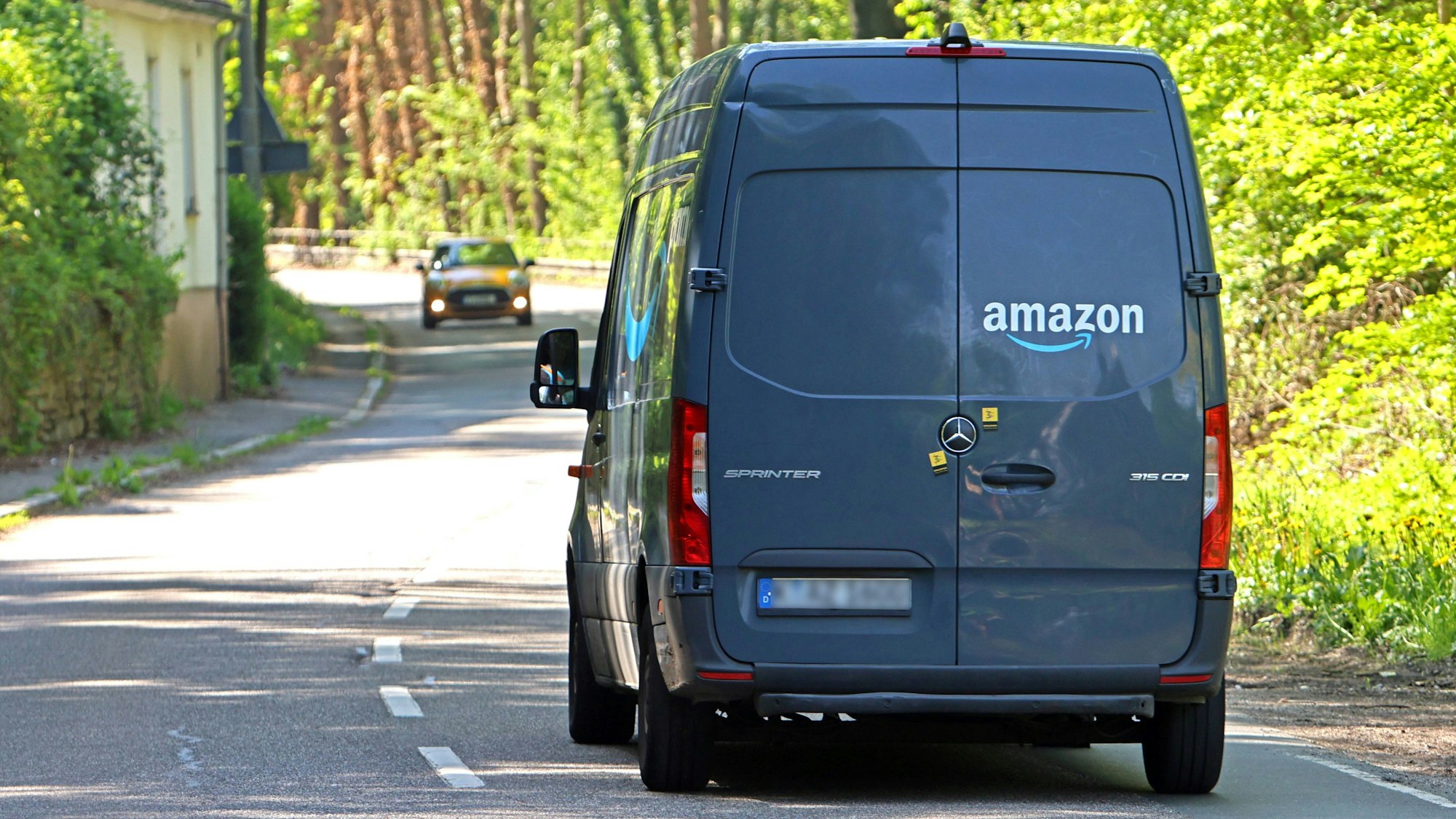 Dunkelgrauer Lieferwagen auf einer asphaltierten Straße