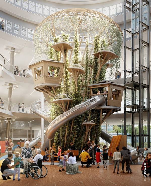 Eine Visualisierung zeigt einen großen Kletterbaum im Atrium des Exploradoms in Köln.
