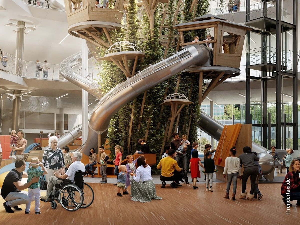 Eine Visualisierung zeigt einen großen Kletterbaum im Atrium des Exploradoms in Köln.