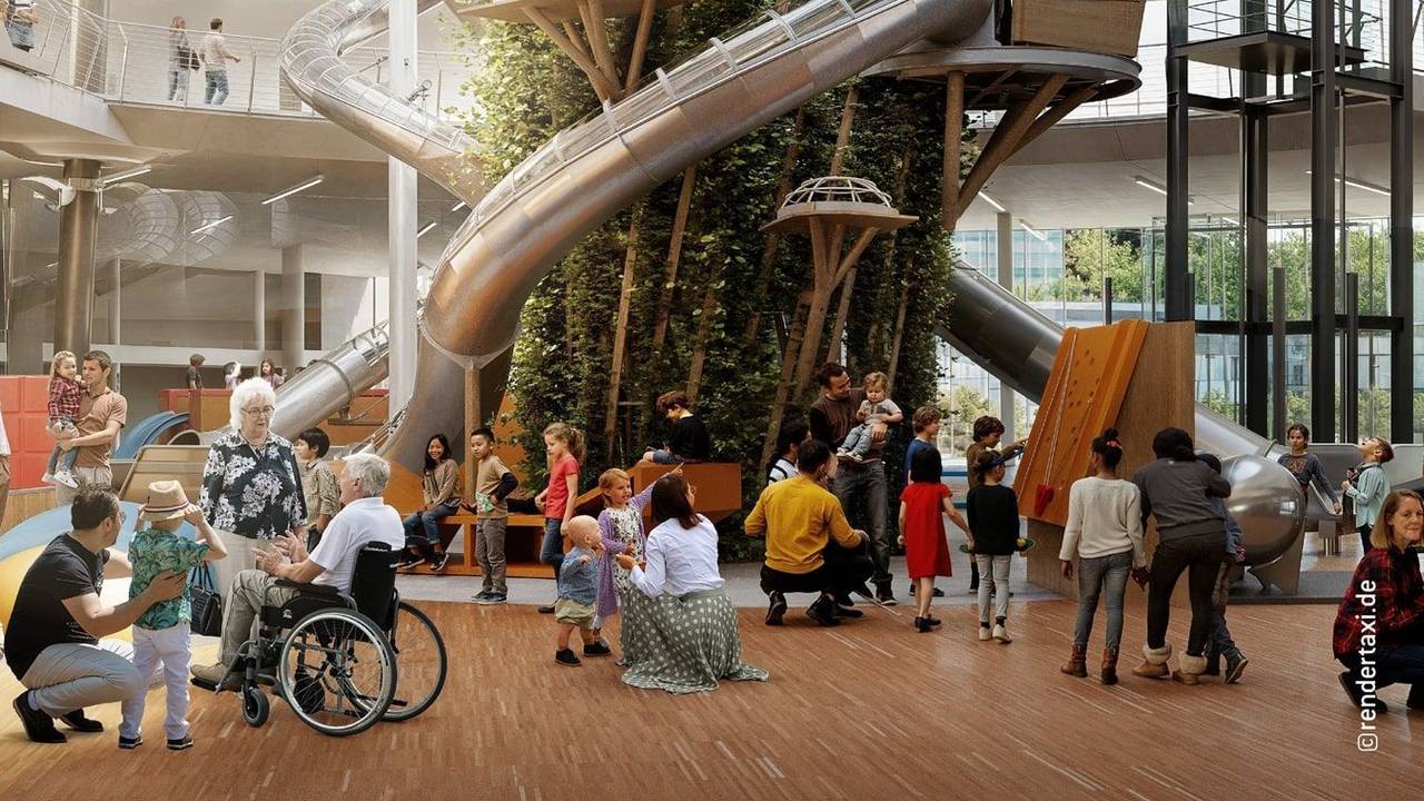 Eine Visualisierung zeigt einen großen Kletterbaum im Atrium des Exploradoms in Köln.
