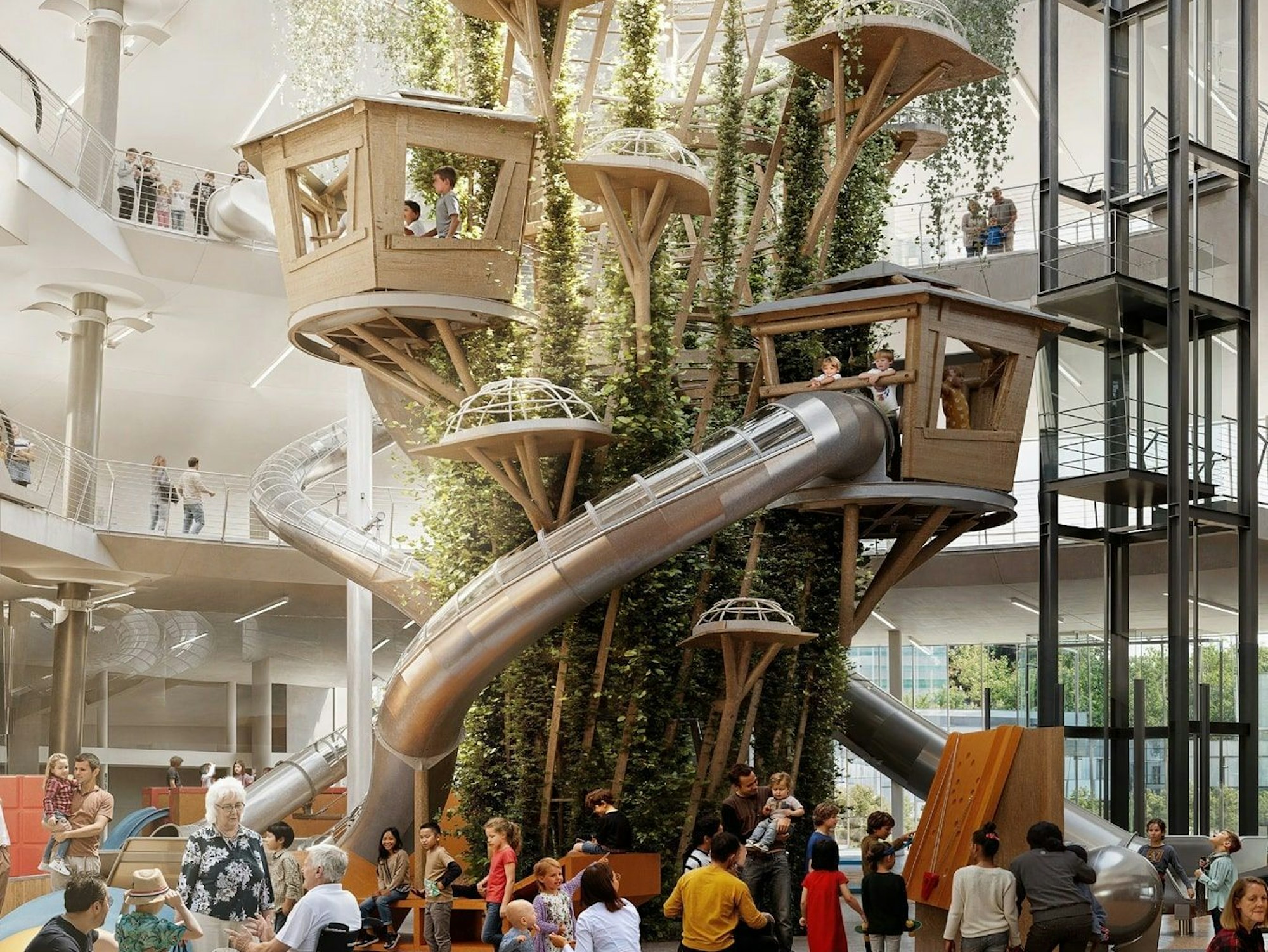 Eine Visualisierung zeigt einen großen Kletterbaum im Atrium des Exploradoms in Köln.