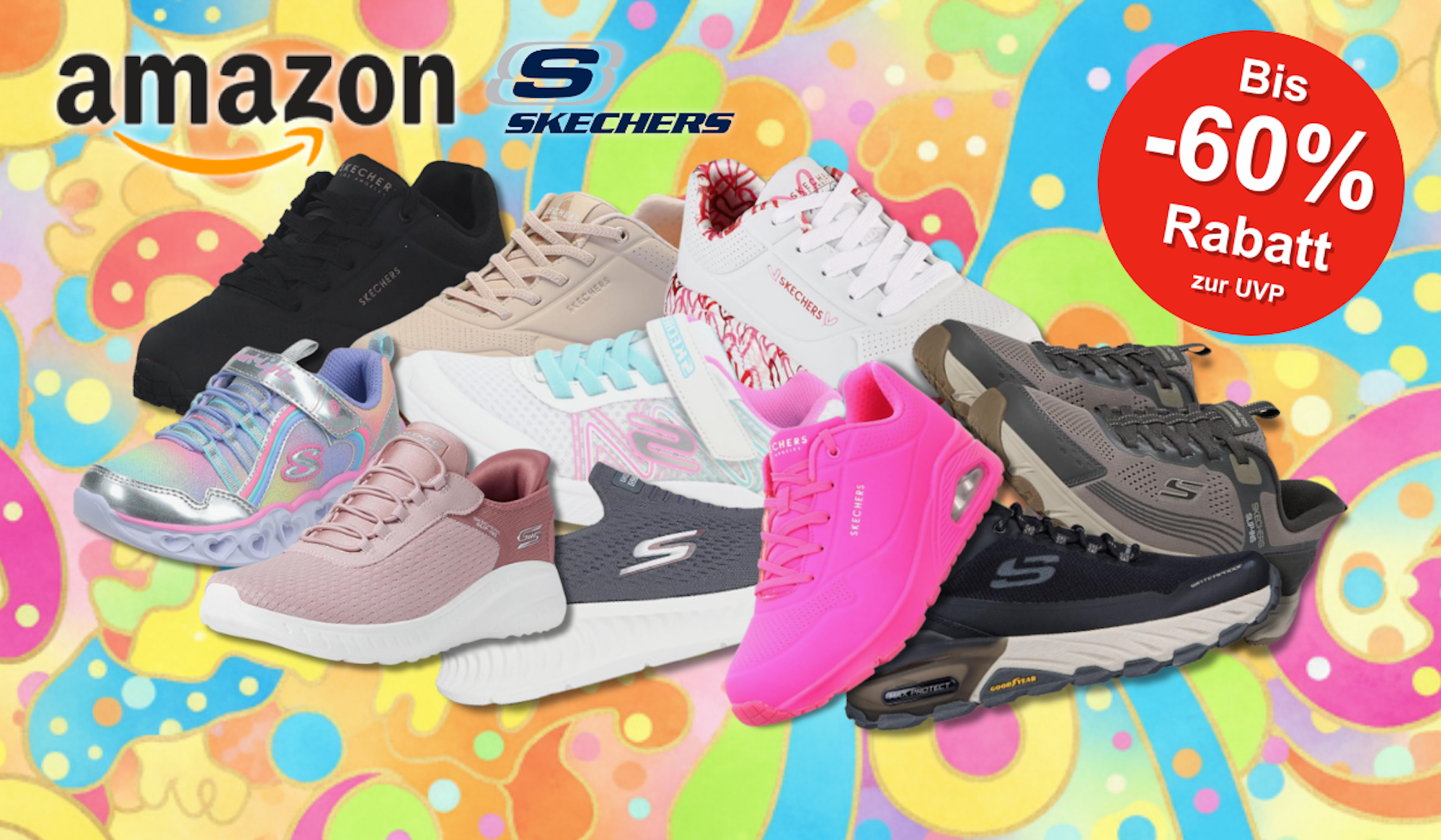 Skechers Sneaker Modelle in verschiedenen Farben vor einem schwarzen Hintergrund.