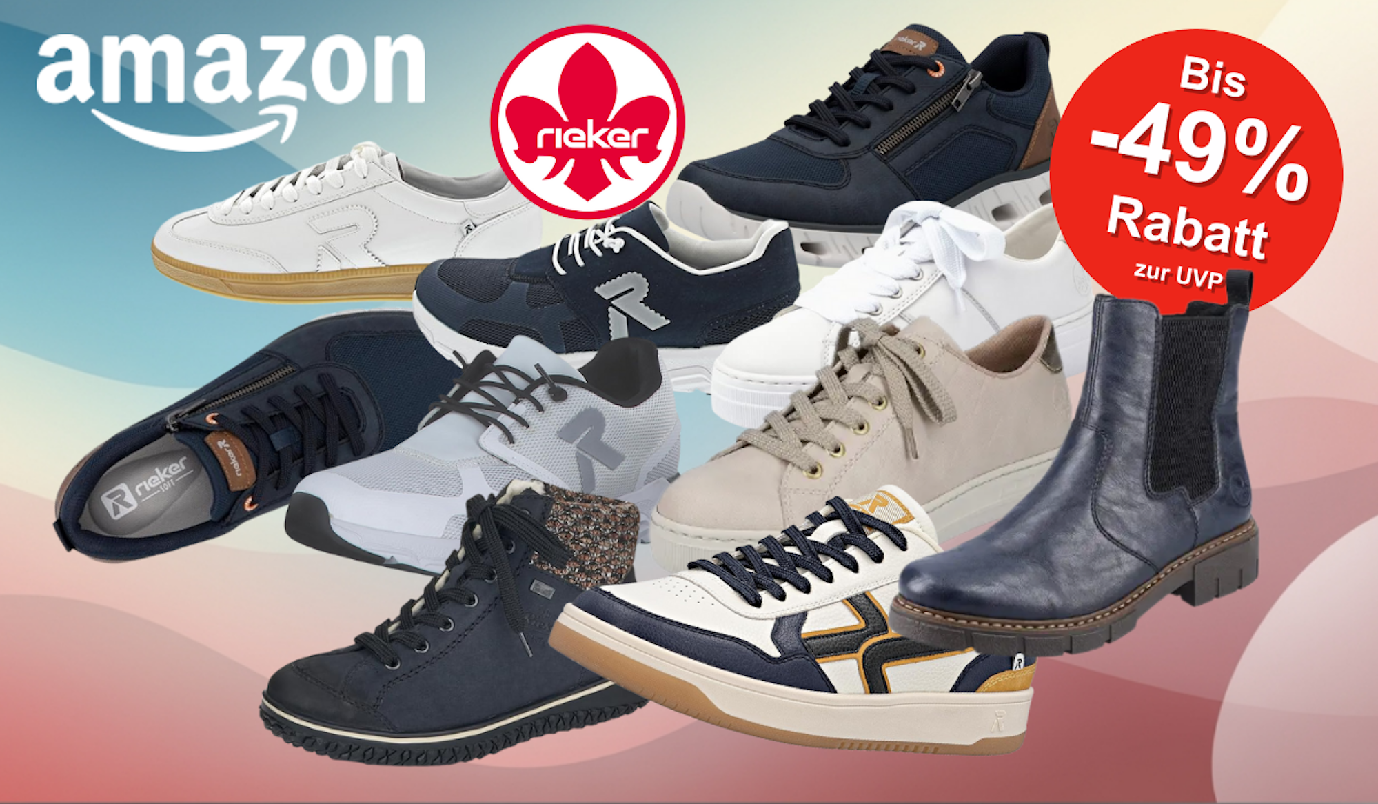 Rieker Sneaker in vielen verschiedenen Modellen und Farben für Damen und Herren vor einem bunt eingefärbten Hintergrund.