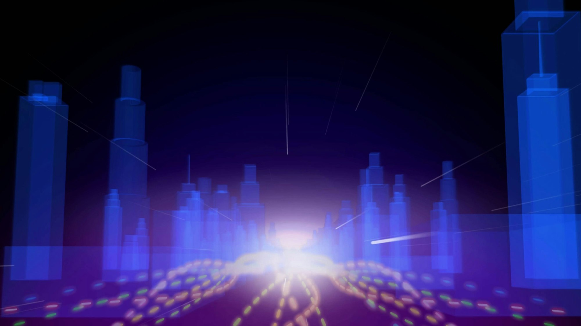 Abstrakte 3D-Stadt mit leuchtenden Gebäuden und Lichtspuren