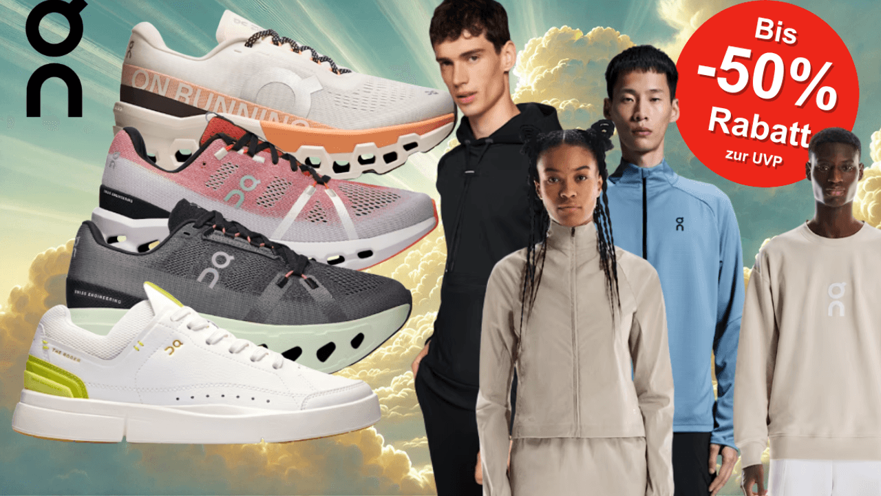 On Sneaker vor einem sonnigen Himmel mit mehreren Fashion-Models.