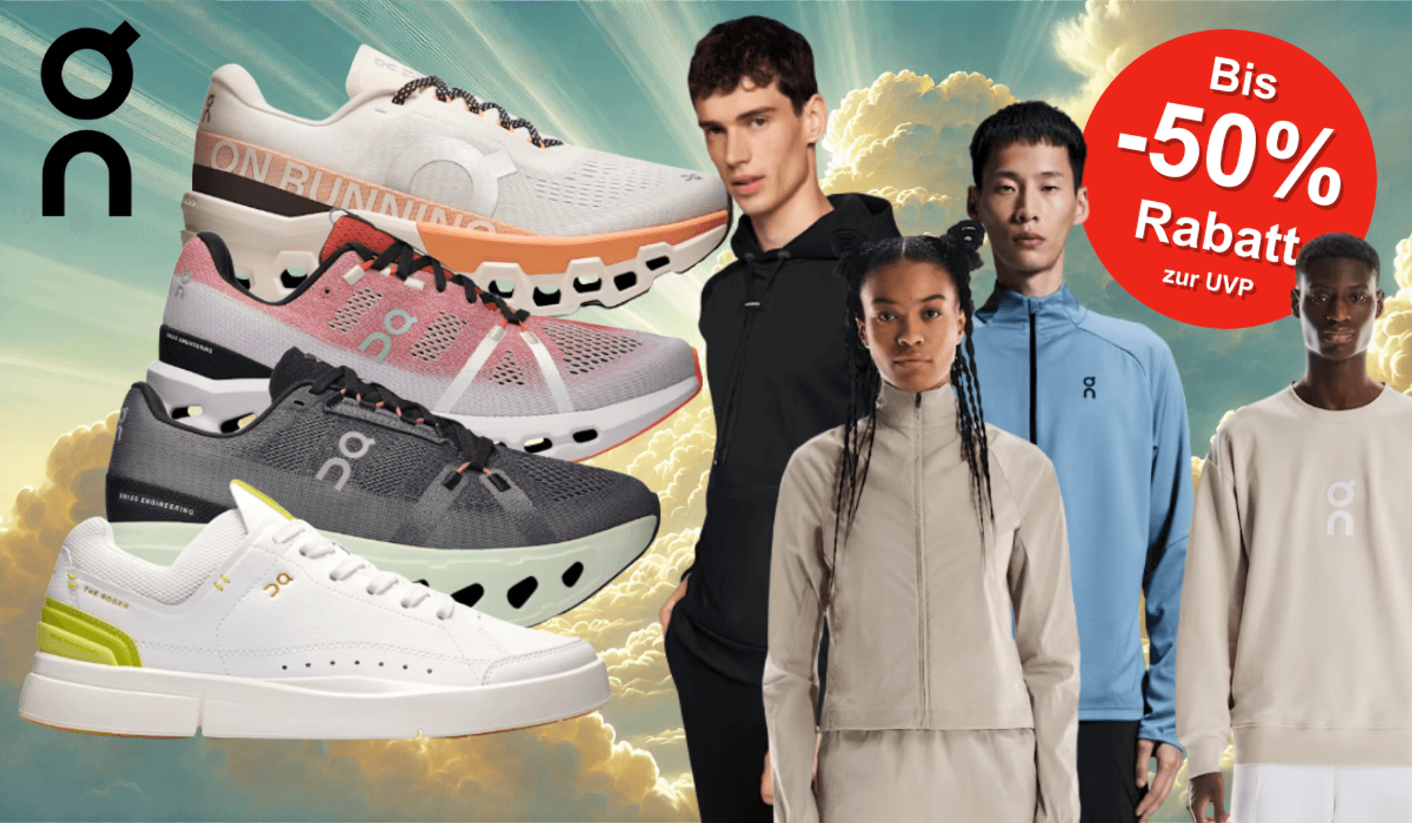 On Sneaker vor einem sonnigen Himmel mit mehreren Fashion-Models.