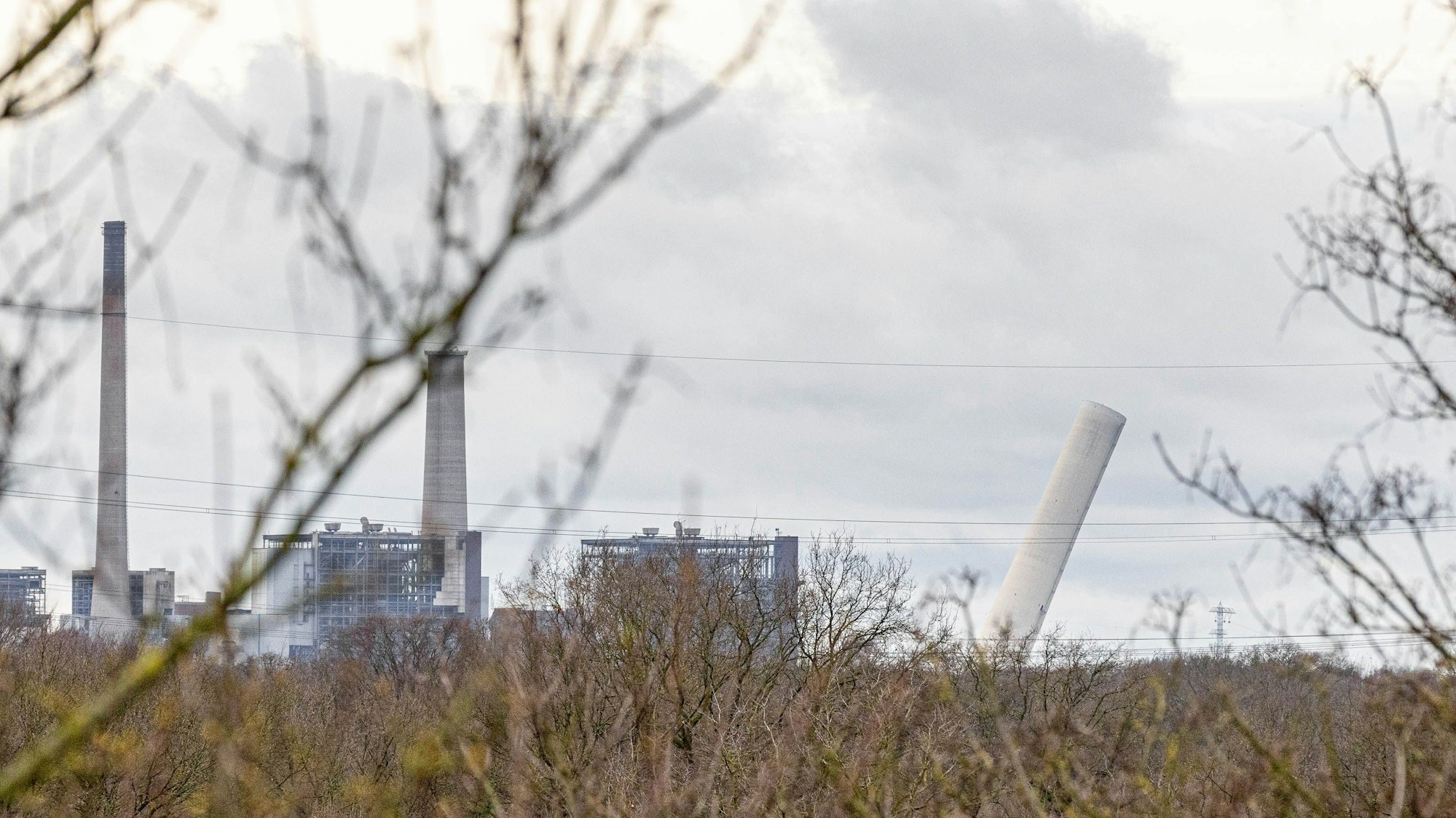 Sprengung Schornstein Kraftwerk Voerde durch Äste gesehen