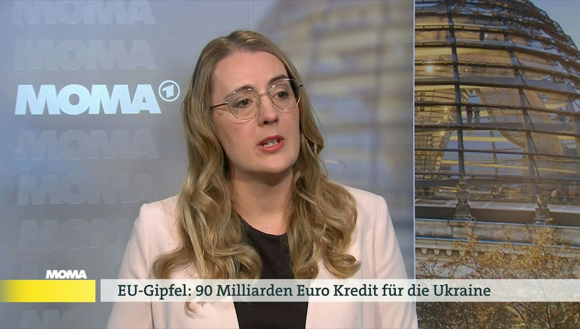 Katharina Dröge hat im ARD-Moma über den 90-Milliarden-Euro-Kredit für die Ukraine gesprochen. (Bild: ARD)