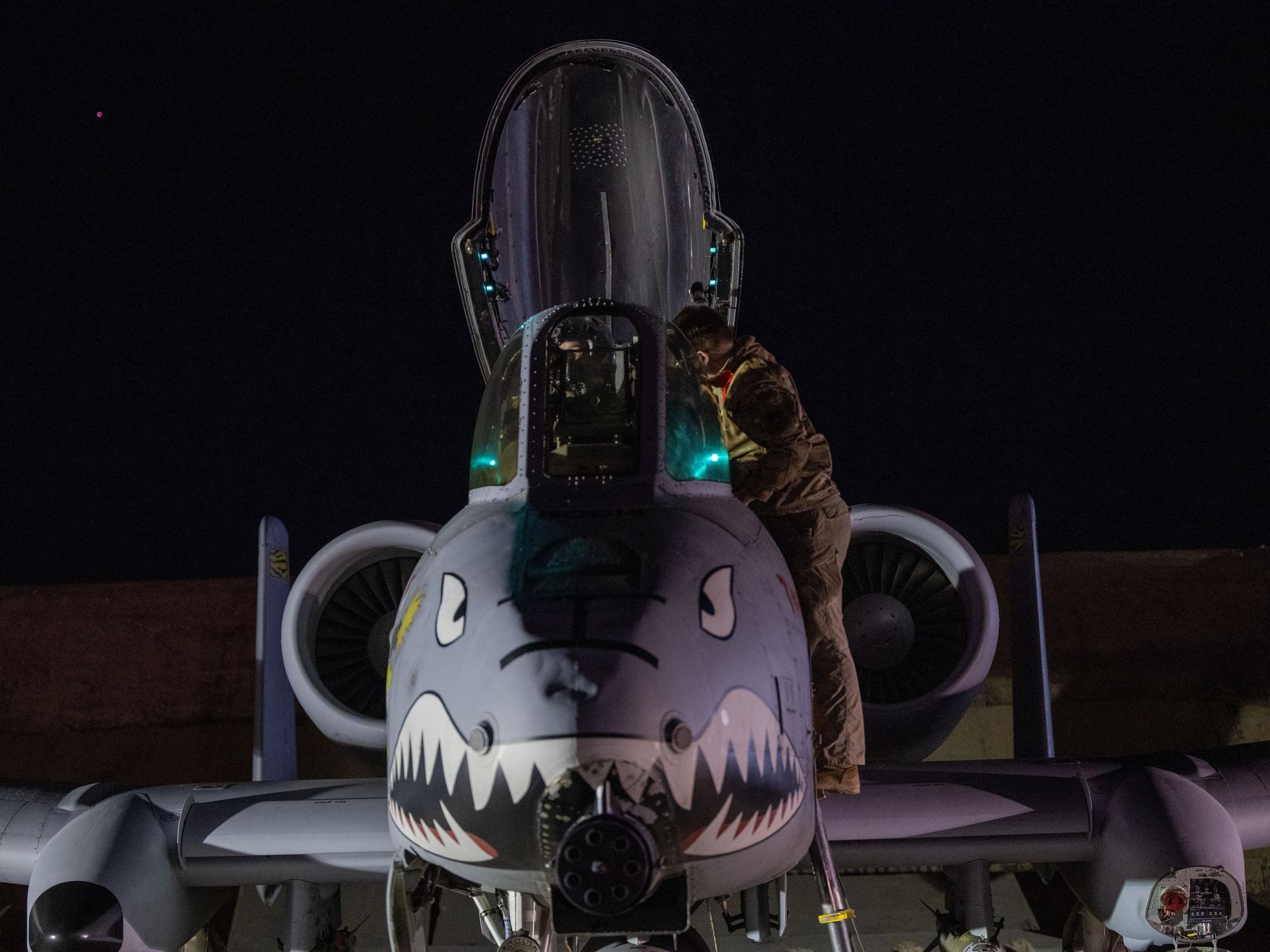 Die Front eines Militärflugzeugs ist mit einem Hai-Kopf bemalt: wütend blickende Augen und ein Maul mit spitzen Zähnen.