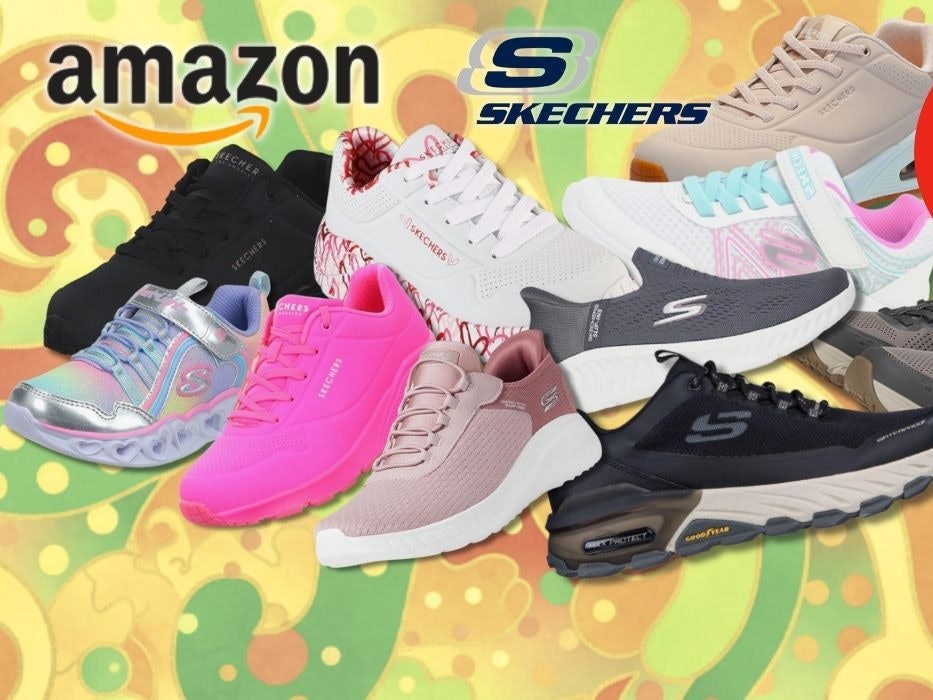 Skechers Sneaker in vielen Modellen und Designs vor einem bunten Hintergrund.