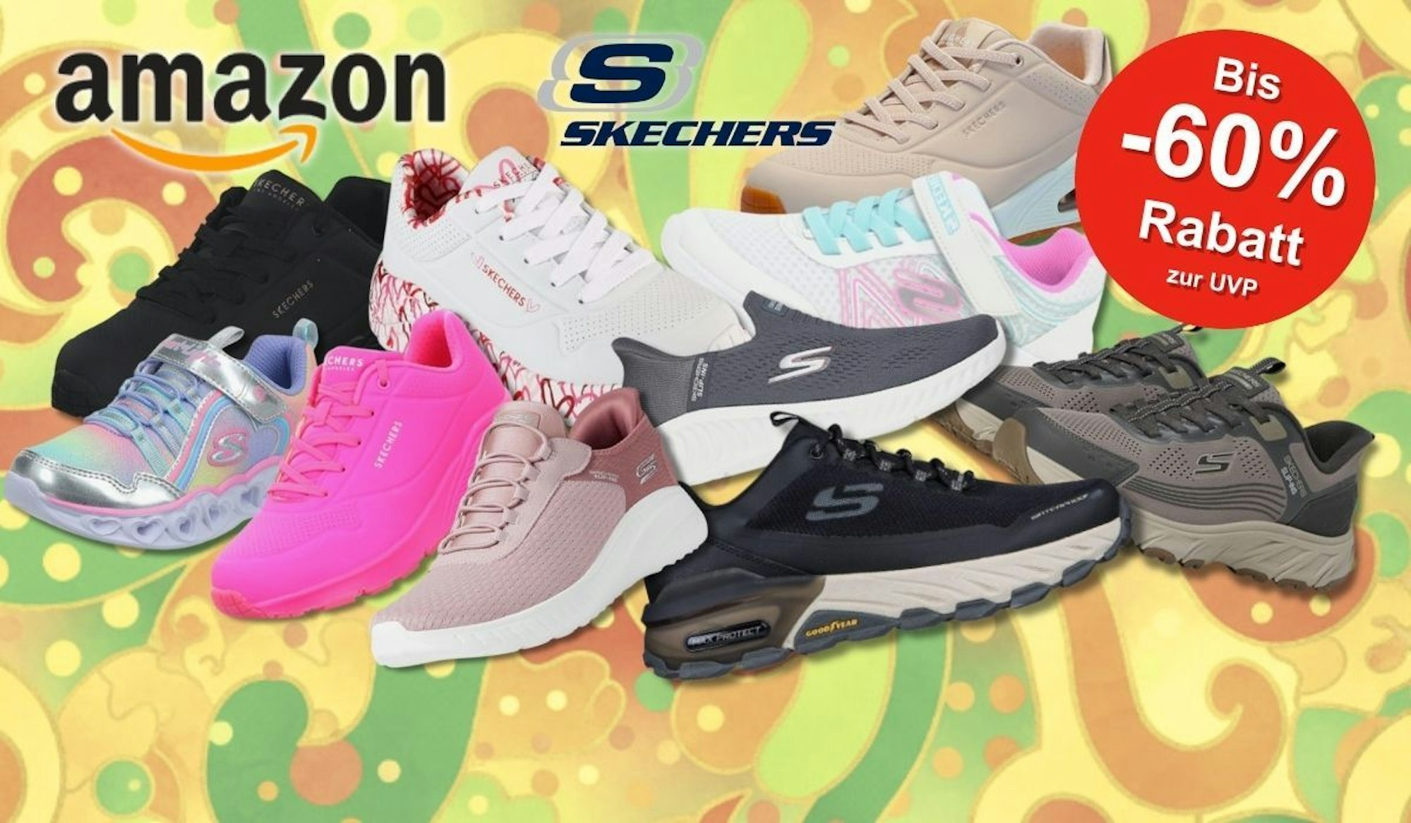 Skechers Sneaker in vielen Modellen und Designs vor einem bunten Hintergrund.
