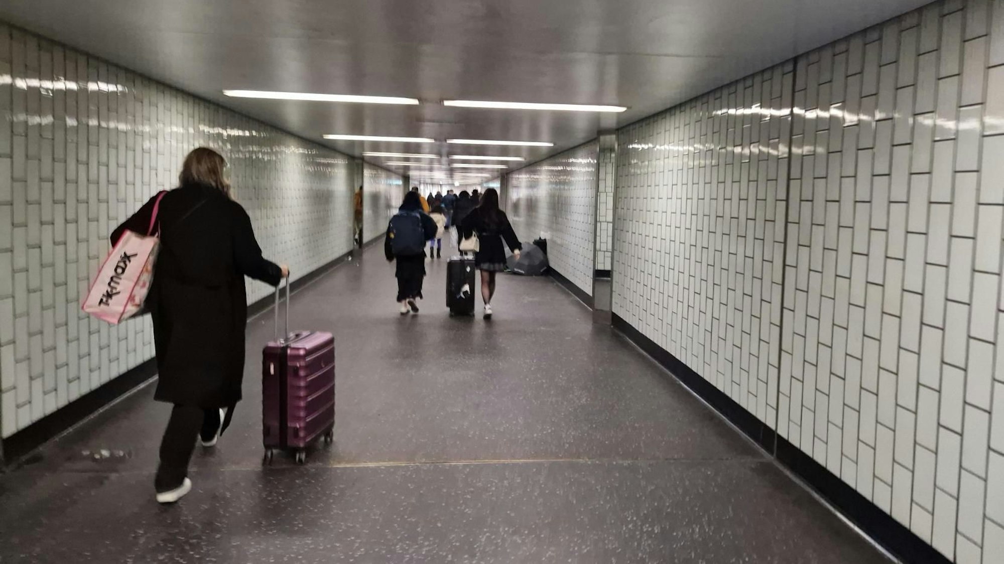 Menschen mit Koffern gehen durch eine Unterführung.
