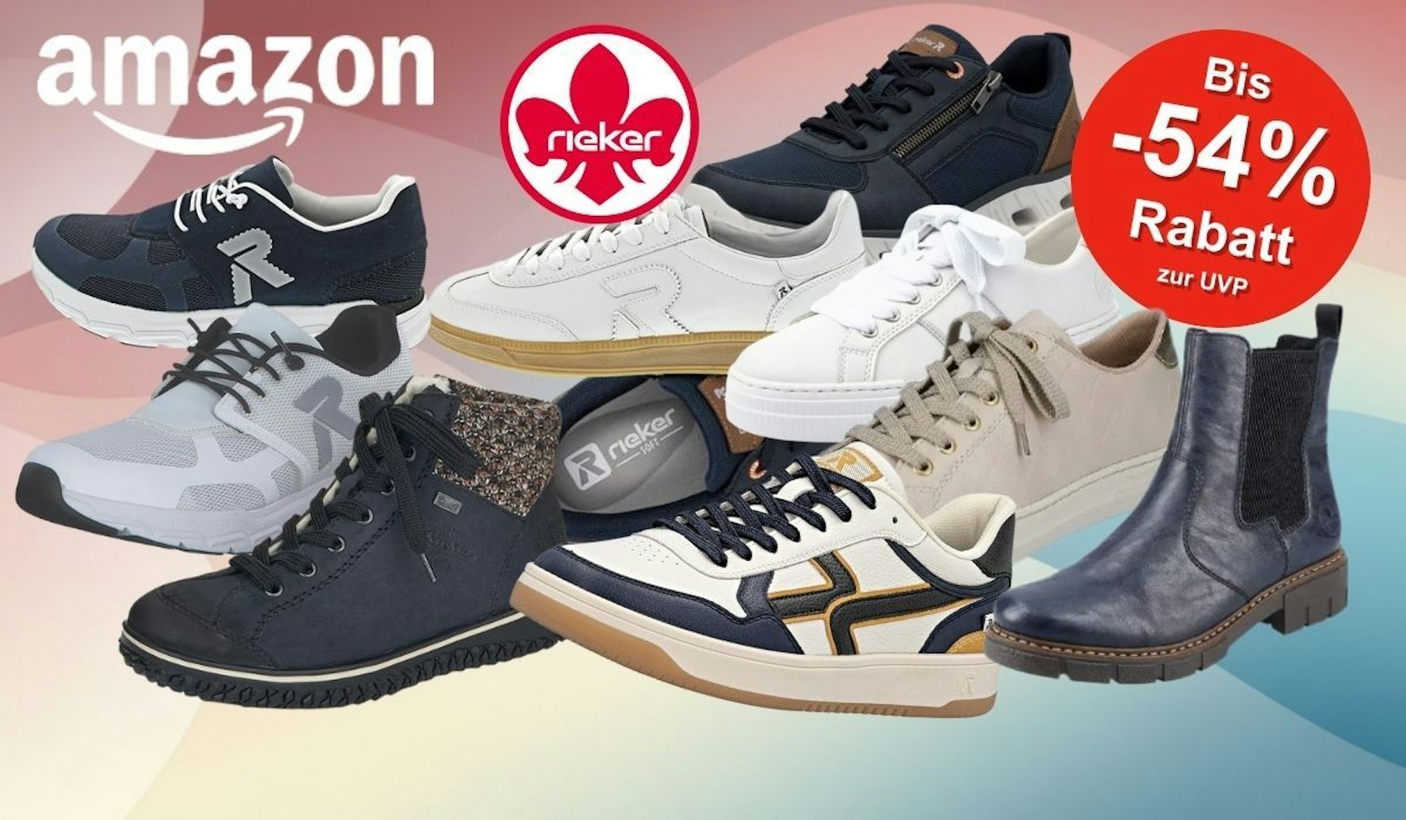 Rieker Sneaker in vielen verschiedenen Modellen und Farben vor einem bunten Hintergrund mit Pastellfarben.