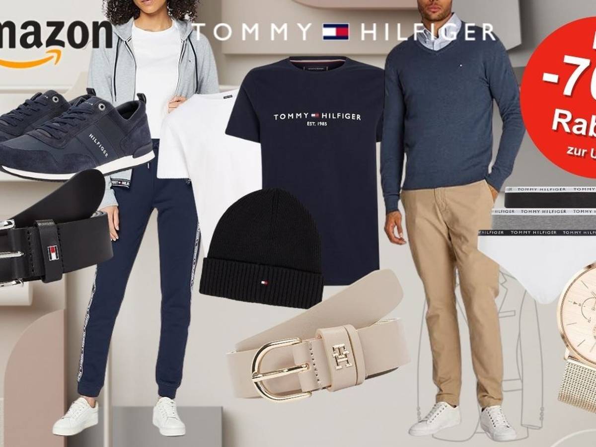Shirts, Hosen, Mützen, Uhren, Sneaker und mehr von Tommy Hilfiger vor dezentem Hintergrund mit Mode-Thema.