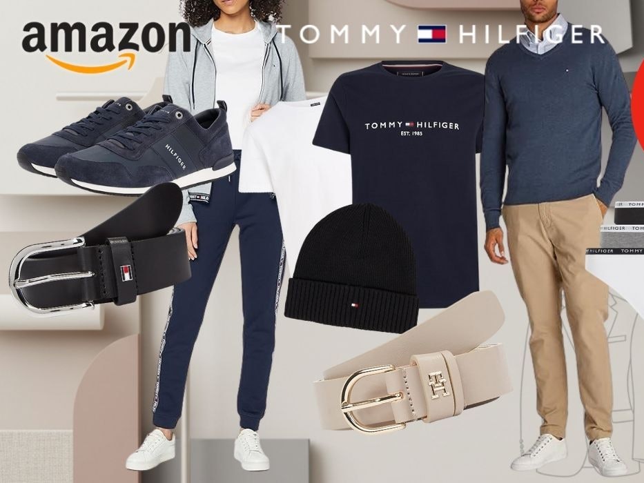Shirts, Hosen, Mützen, Uhren, Sneaker und mehr von Tommy Hilfiger vor dezentem Hintergrund mit Mode-Thema.