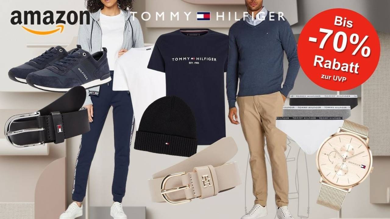Shirts, Hosen, Mützen, Uhren, Sneaker und mehr von Tommy Hilfiger vor dezentem Hintergrund mit Mode-Thema.