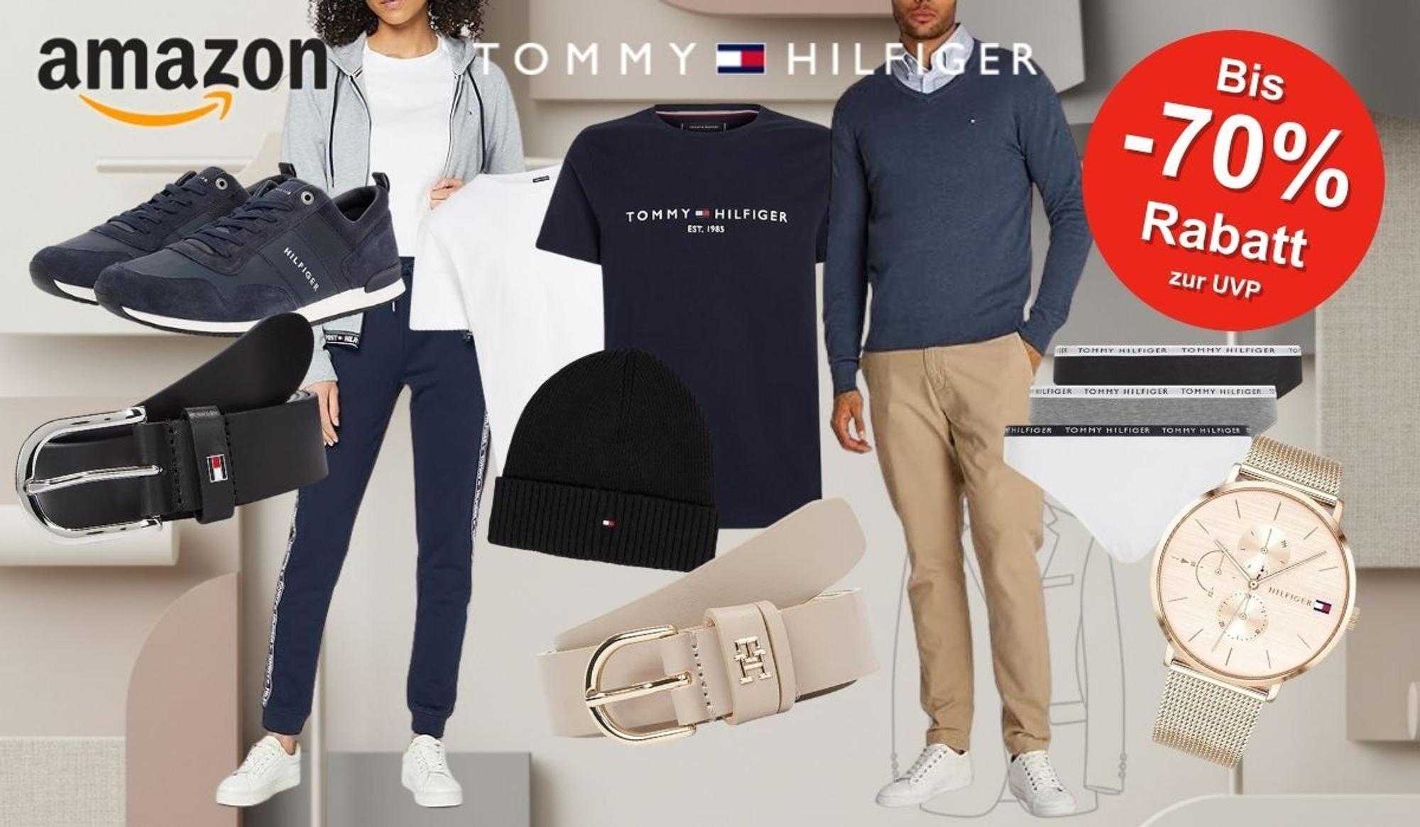 Shirts, Hosen, Mützen, Uhren, Sneaker und mehr von Tommy Hilfiger vor dezentem Hintergrund mit Mode-Thema.