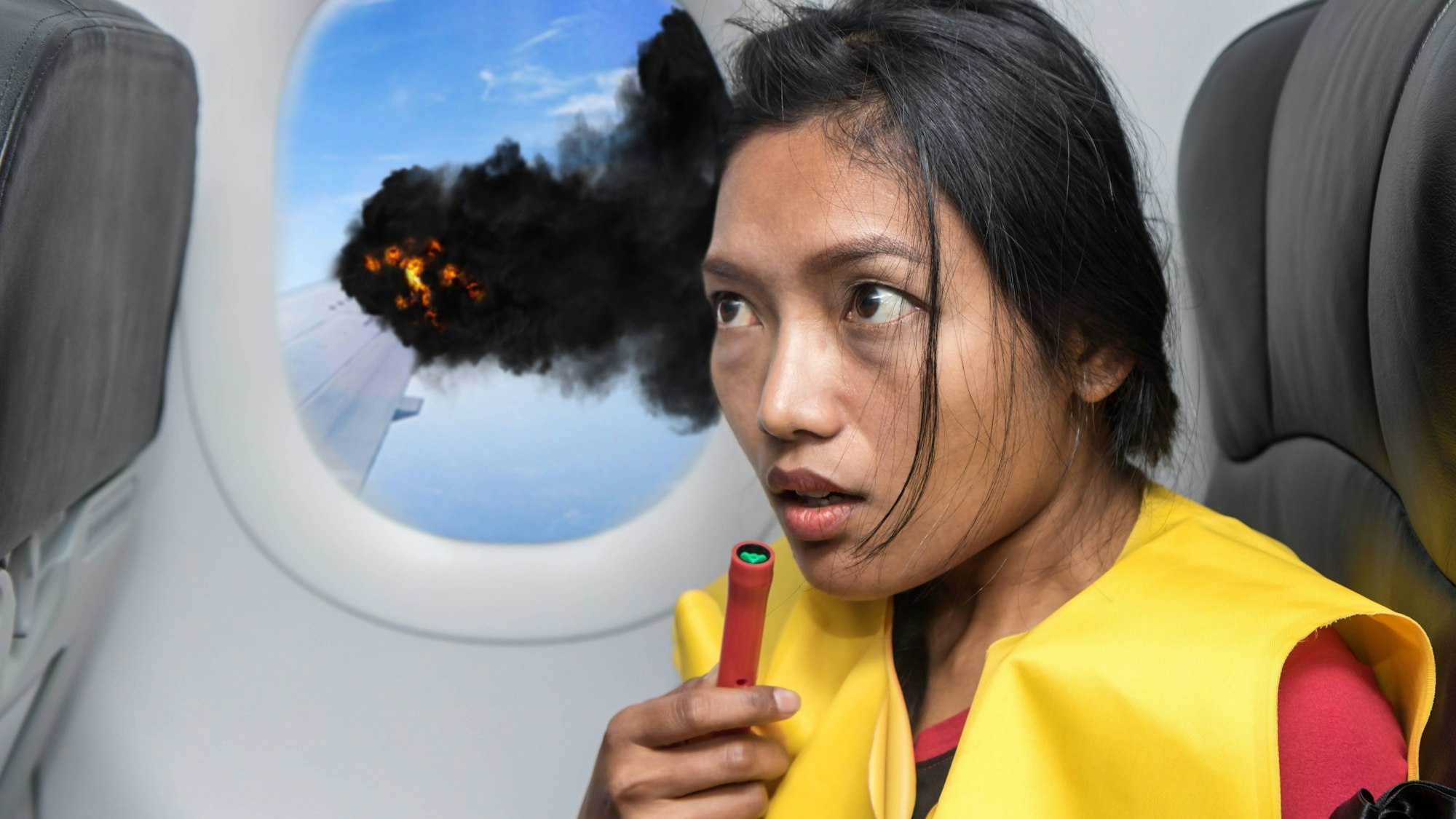 Ängstliche Frau in Rettungsweste sieht brennenden Flugzeugflügel