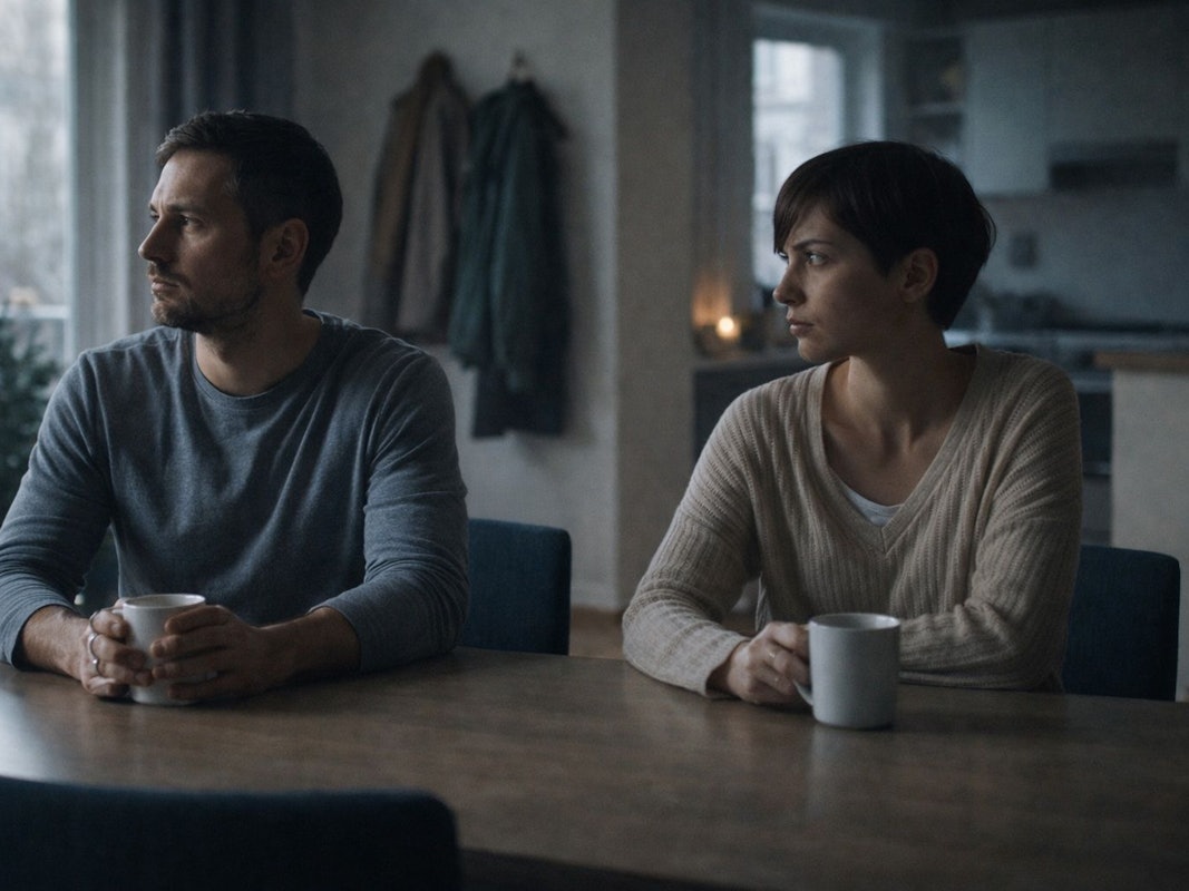 Ein Mann und eine Frau sitzen wortlos an einem Tisch und sehen aus einem Fenster.