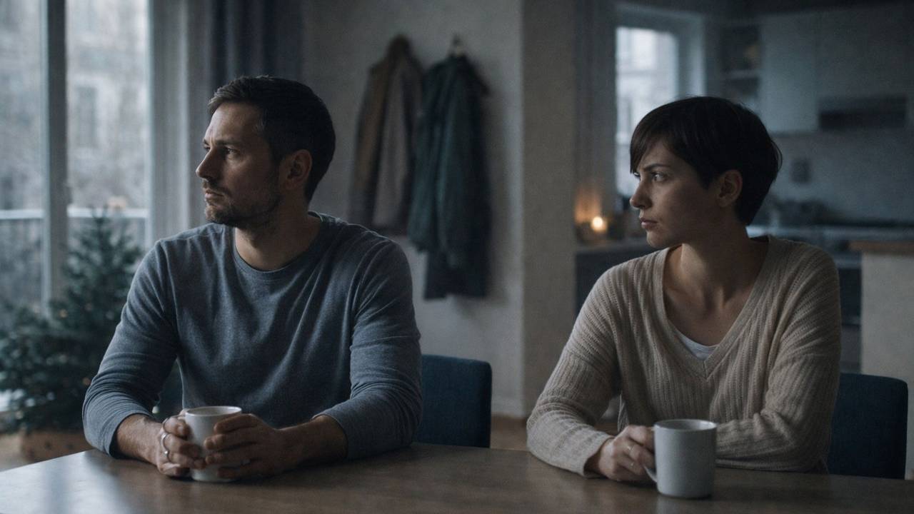 Ein Mann und eine Frau sitzen wortlos an einem Tisch und sehen aus einem Fenster.