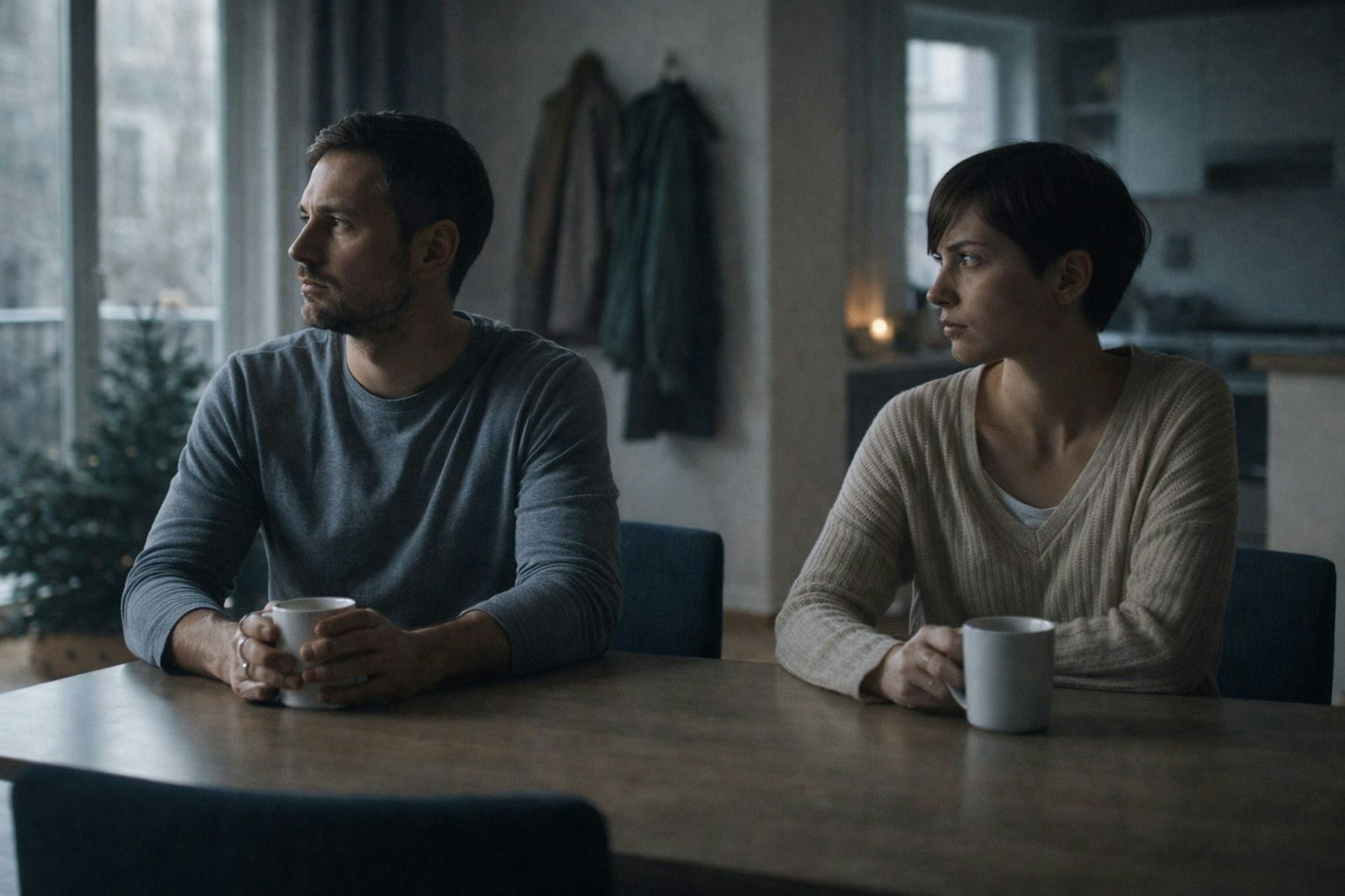 Ein Mann und eine Frau sitzen wortlos an einem Tisch und sehen aus einem Fenster.