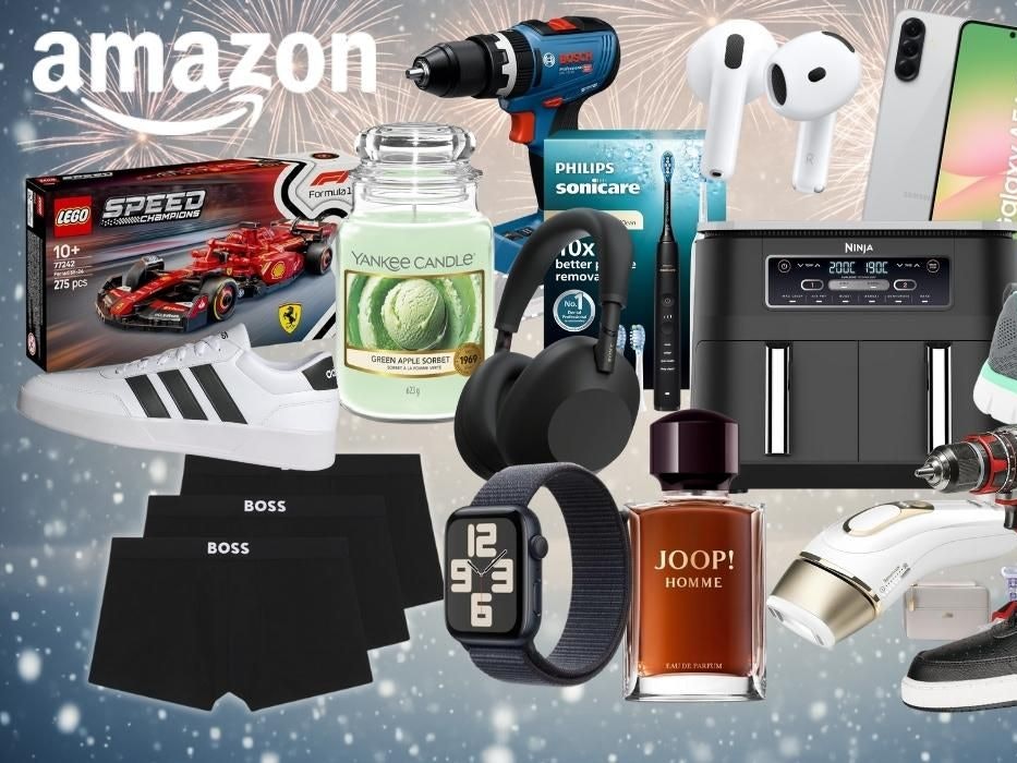 Produkte vor einem winterlichen Hintergrund mit Feuerwerk. Mit dabei Herrenparfum Joop, Einhell Akkuschrauber, Skechers Sneaker, Bosch Professional Akkubohrschrauber, Apple AirPods 4, Lego Gormel 1 Ferrari, Sony WH-1000XM6 Kopfhörer, Boss Boxershorts, Nike Sneaker, Adidas Sneaker, Samsung Galaxy A56 Smartphone, Ninja Airfryer, Yankee Candle., Philips Sonicare Schallzahnbürste.