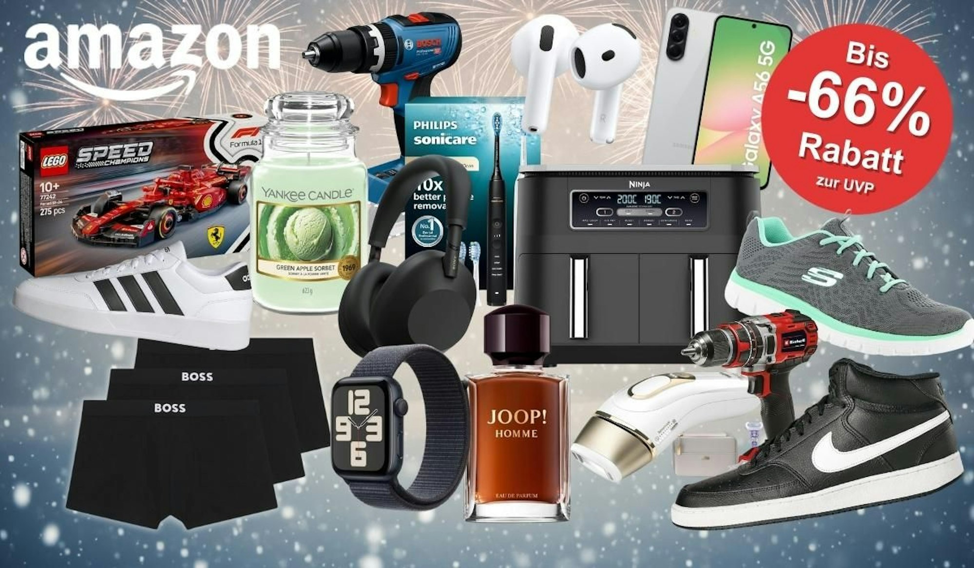 Produkte vor einem winterlichen Hintergrund mit Feuerwerk. Mit dabei Herrenparfum Joop, Einhell Akkuschrauber, Skechers Sneaker, Bosch Professional Akkubohrschrauber, Apple AirPods 4, Lego Gormel 1 Ferrari, Sony WH-1000XM6 Kopfhörer, Boss Boxershorts, Nike Sneaker, Adidas Sneaker, Samsung Galaxy A56 Smartphone, Ninja Airfryer, Yankee Candle., Philips Sonicare Schallzahnbürste.