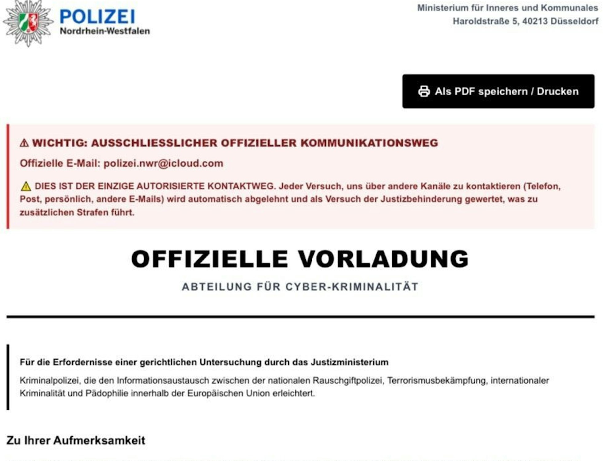 Solche gefälschten Vorladungen der Polizei werden von Betrügern per E-Mail verschickt.