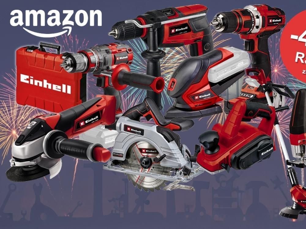 Einhell Werkzeug und Gartenprodukte vor einem Hintergrund mit Feuerwerk. Verschiedene Modelle und Geräte wie Einhell Akku-Bohrschrauber, Elektrohobel, Winkelschleifer, Kreissäge, Multitool Stichsäge, Werkzeugkoffer und mehr davor angeordnet.