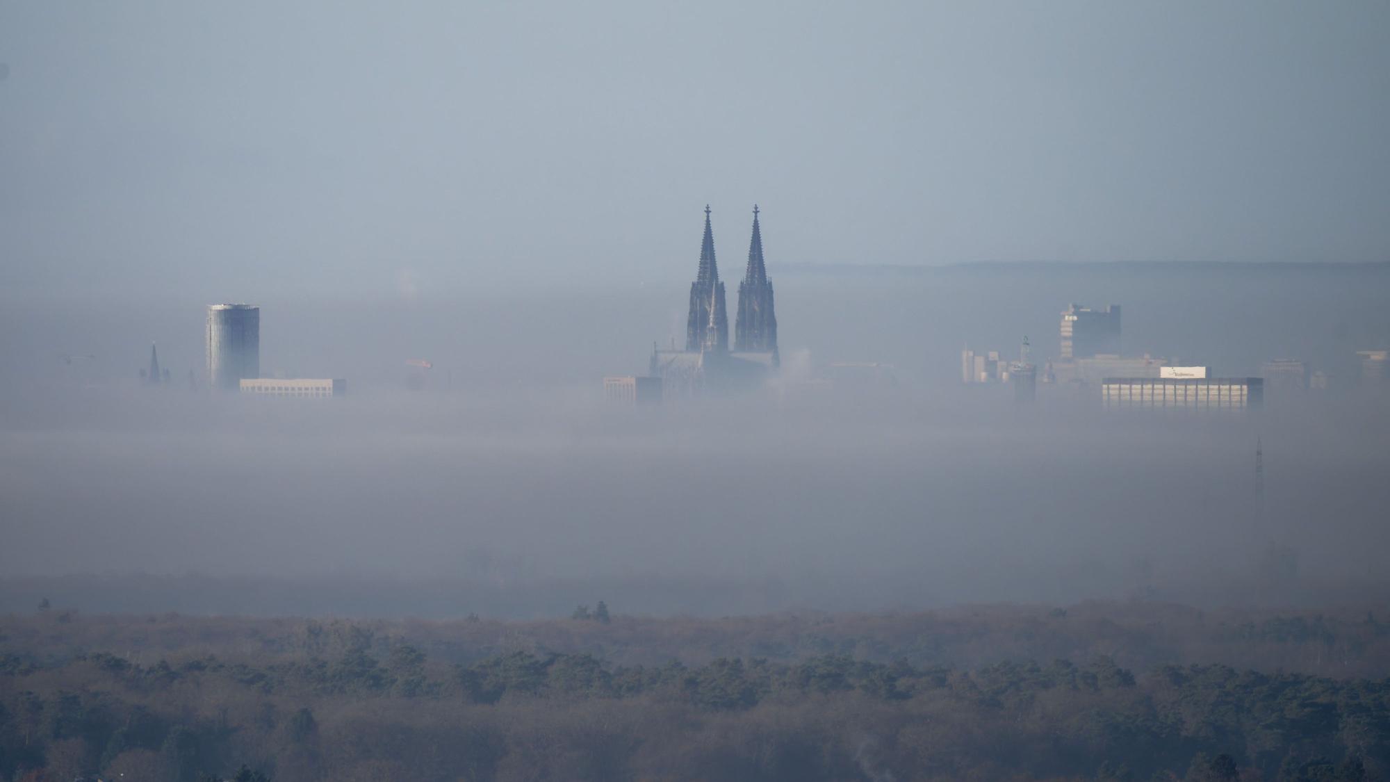 Der Dom und andere hohe Häuser ragen aus dem Nebel über Köln.