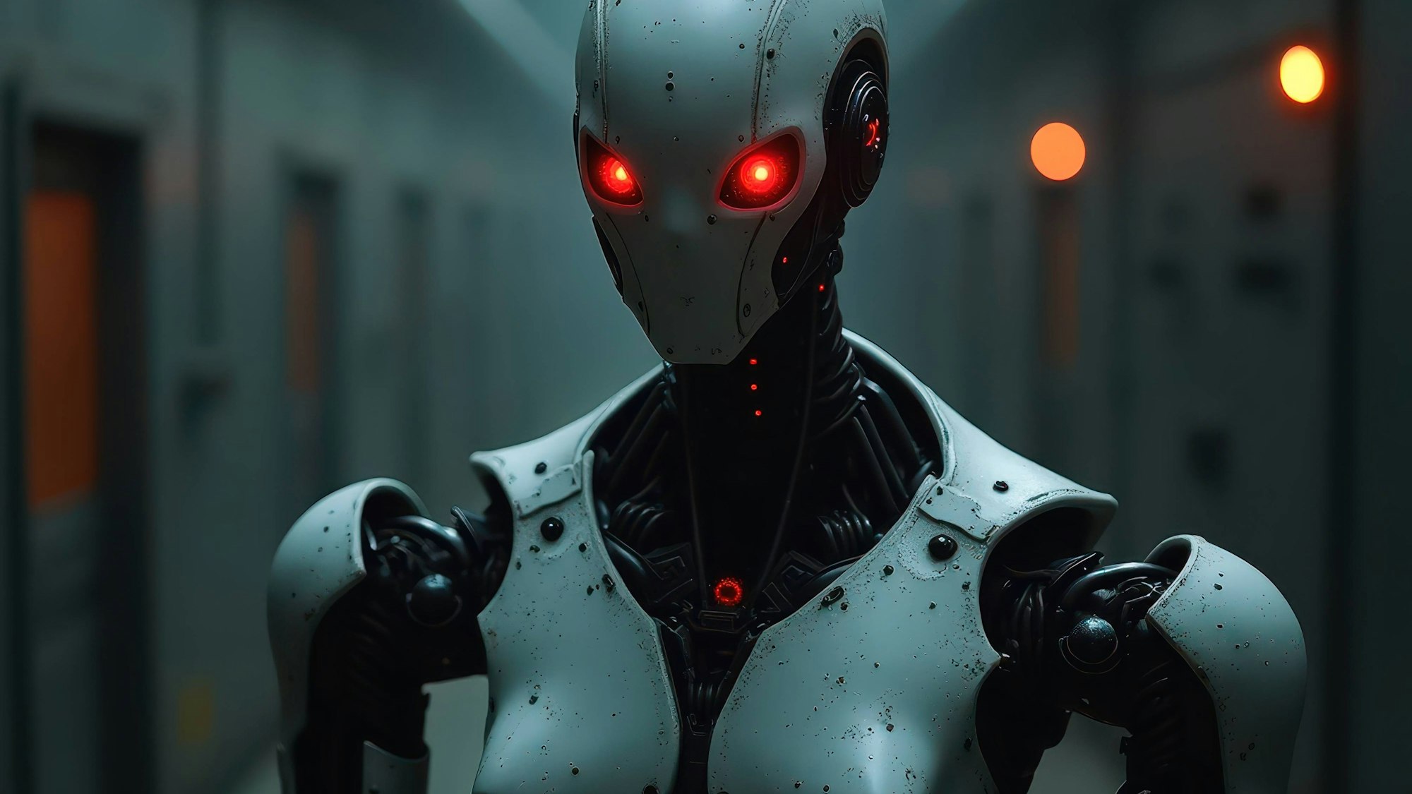 Futuristischer humanoider Roboter mit leuchtenden roten Augen