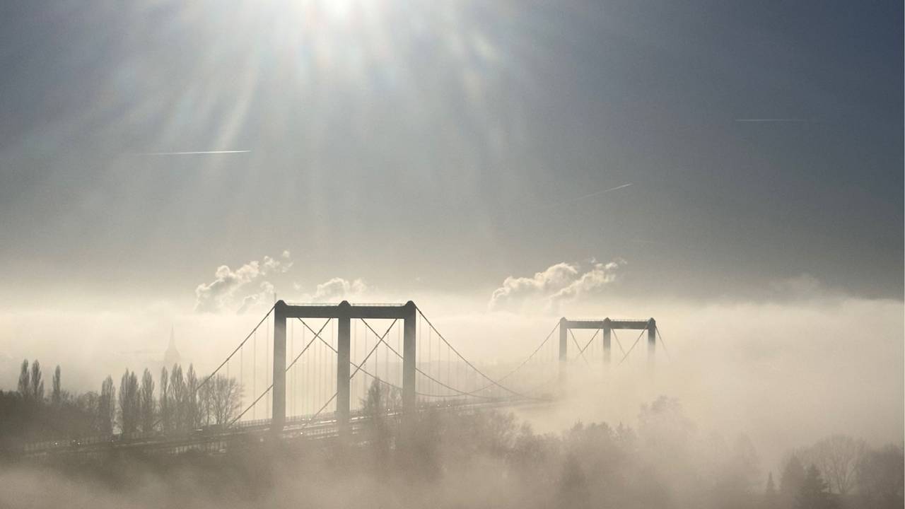 Die Rodenkirchener Brücke ragt aus dem Nebel.