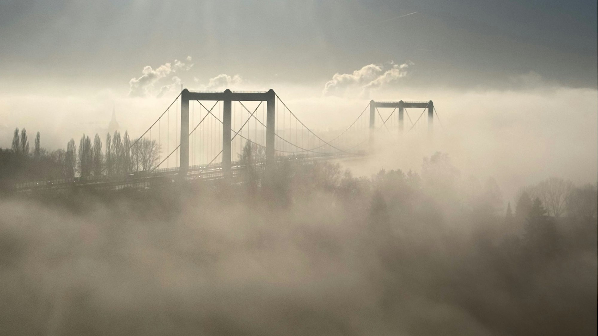 Die Rodenkirchener Brücke ragt aus dem Nebel.