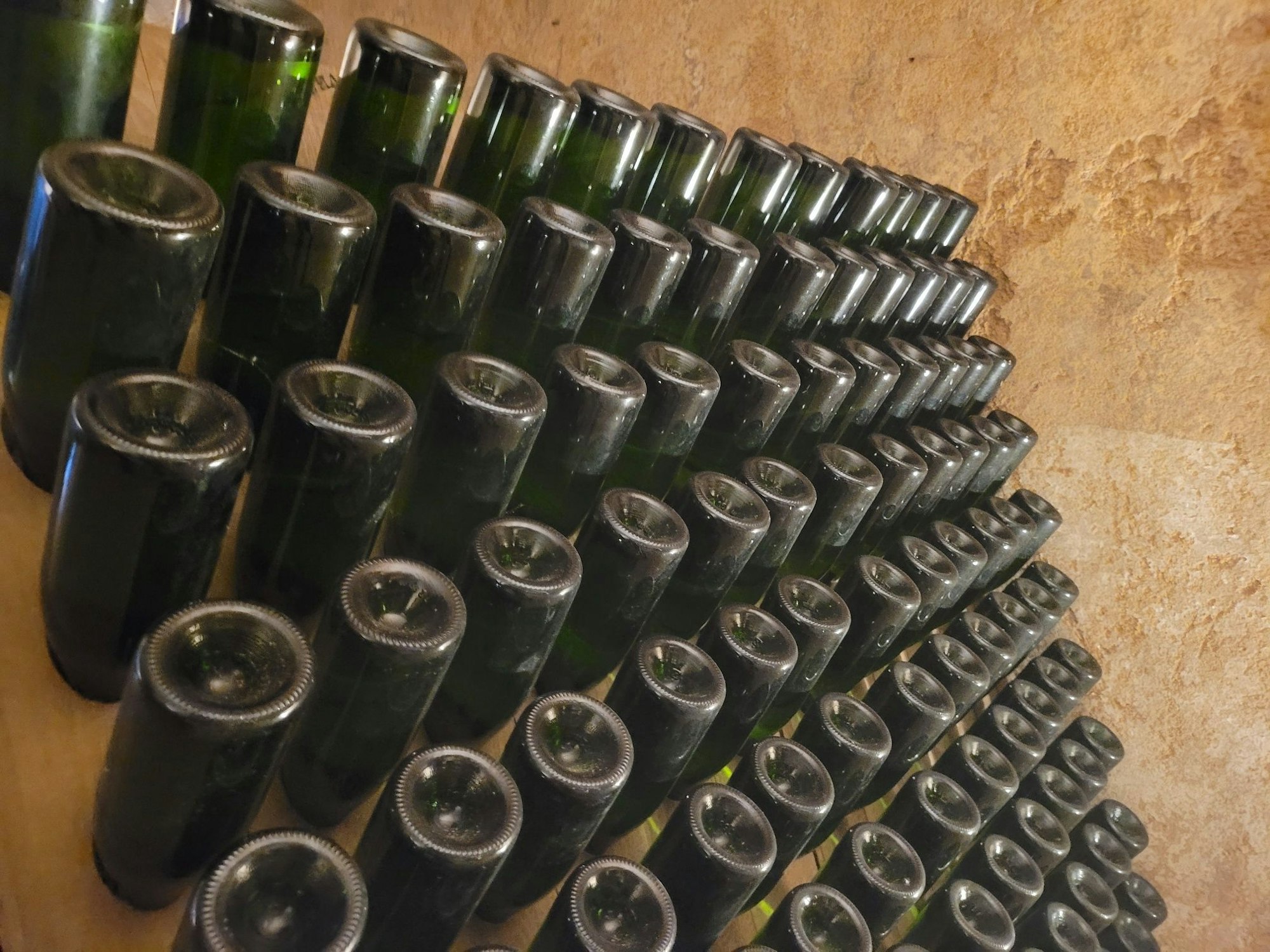 Champagnerflaschen stecken kopfüber in einem so genannten Rüttelbrett