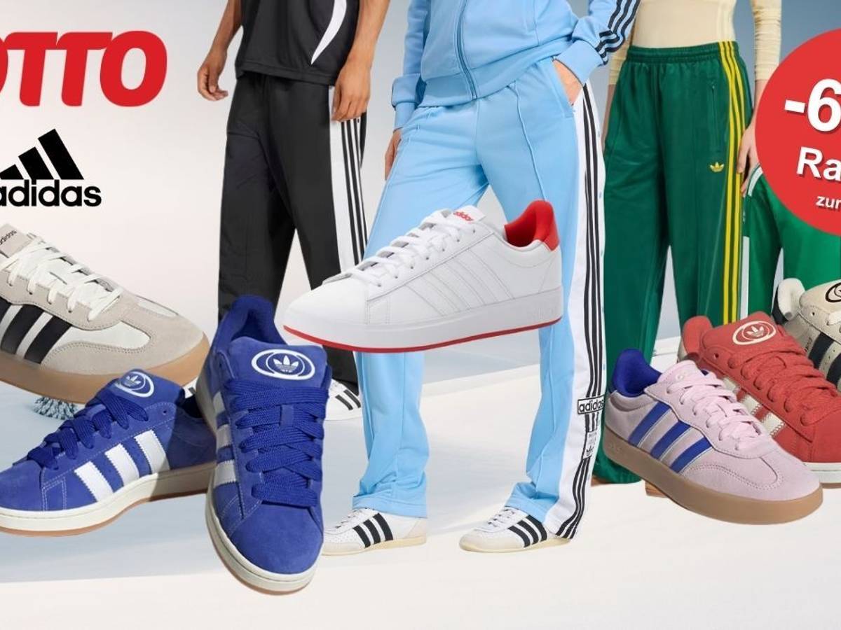 adidas Sneaker, Sportmode, Trainingshosen, Trainingsjacken vor einem winterlichen Hintergrund.