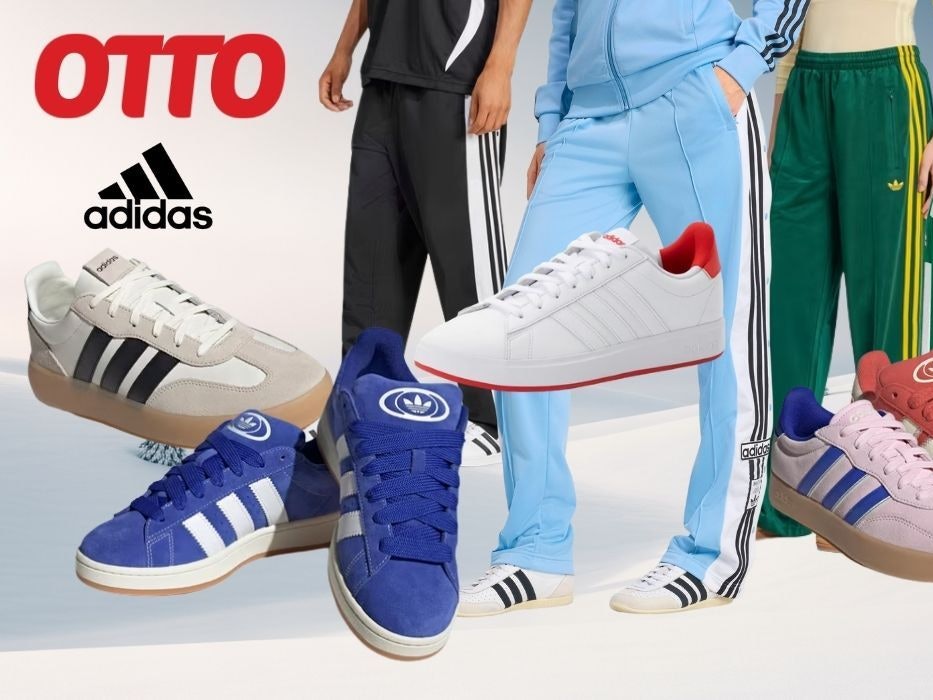 adidas Sneaker, Sportmode, Trainingshosen, Trainingsjacken vor einem winterlichen Hintergrund.