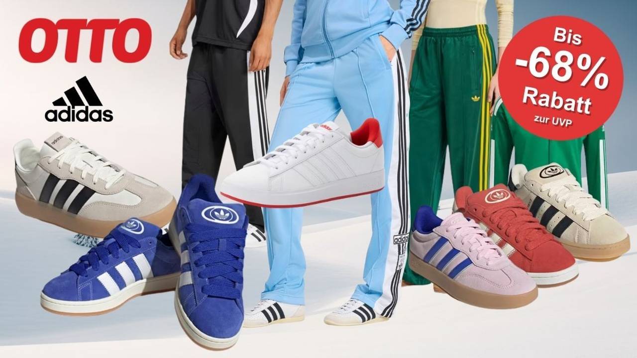 adidas Sneaker, Sportmode, Trainingshosen, Trainingsjacken vor einem winterlichen Hintergrund.