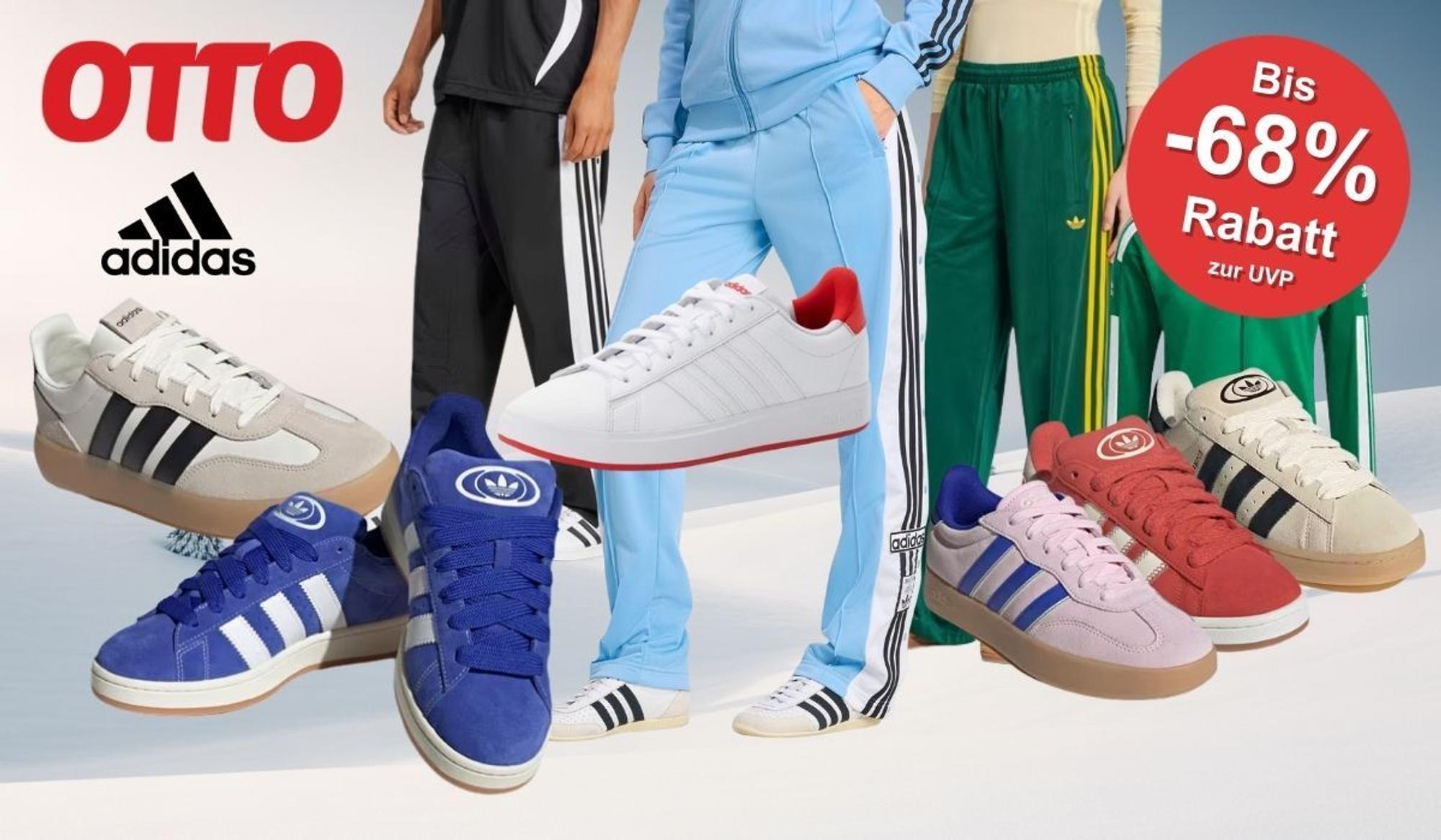 adidas Sneaker, Sportmode, Trainingshosen, Trainingsjacken vor einem winterlichen Hintergrund.
