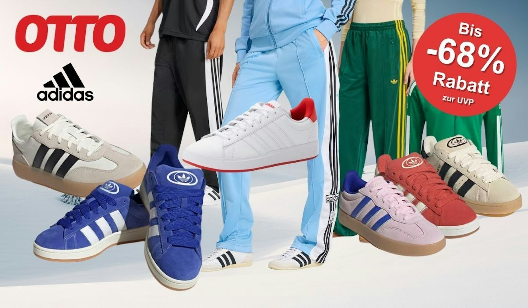 adidas Sneaker, Sportmode, Trainingshosen, Trainingsjacken vor einem winterlichen Hintergrund.