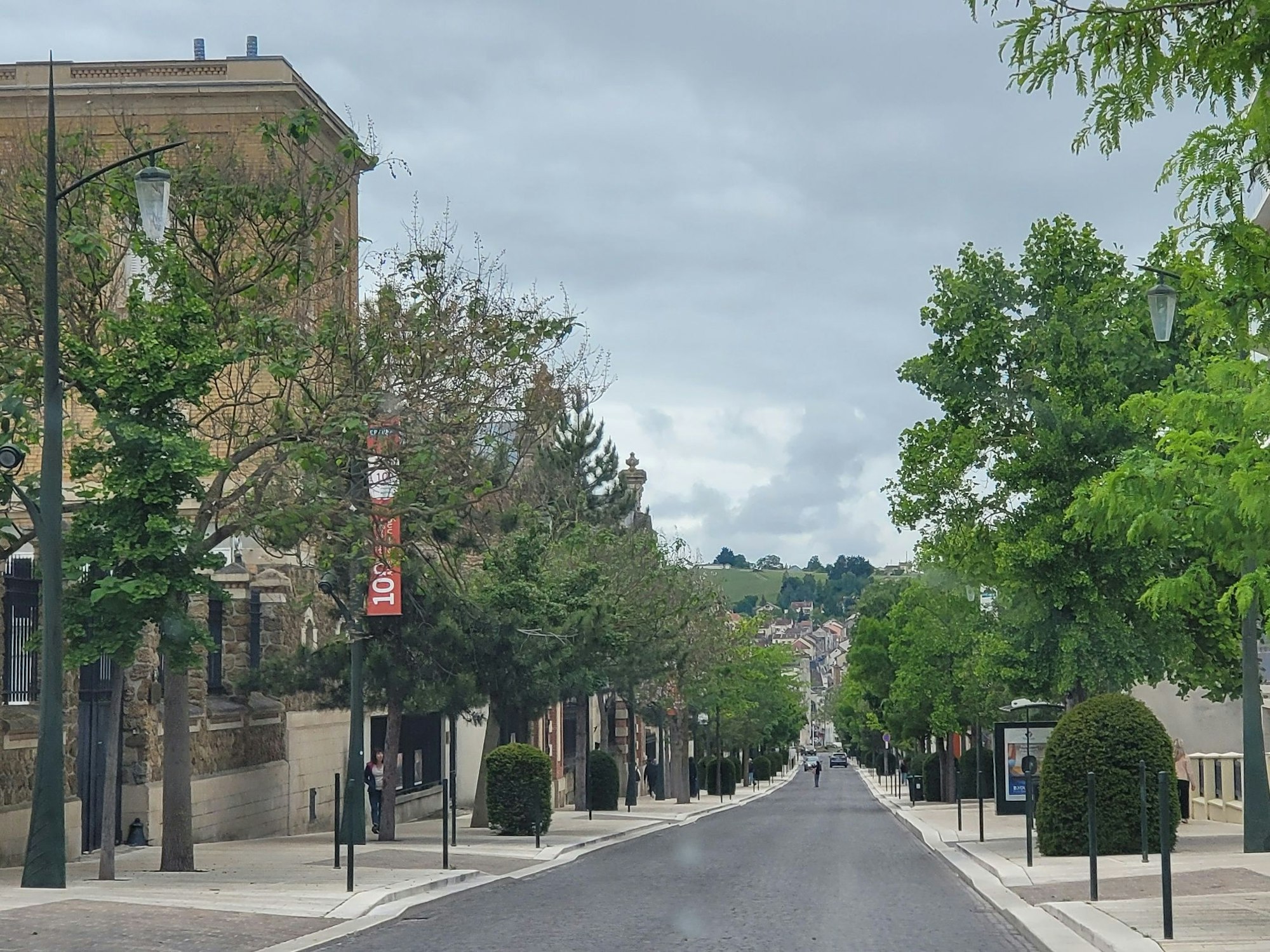 Eine schier endlose Straße führt einen Hügel hoch und wird von Bäumen und großen Häusern gesäumt