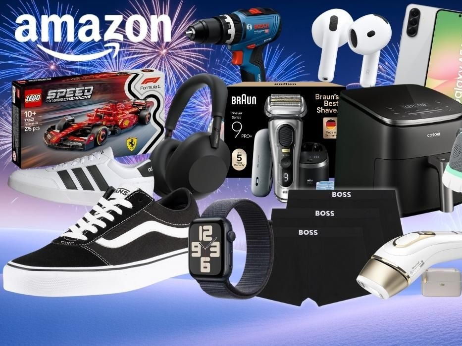 Produkte vor einem kalten, bläulichen und winterlichen verschneiten Hintergrund. Produkte Einhell Akkuschrauber, Skechers Sneaker, Bosch Professional Akkubohrschrauber, Apple AirPods 4, Lego Formel 1 Ferrari, Sony WH-1000XM6 Kopfhörer, Boss Boxershorts, Vans Sneaker, Adidas Sneaker, Samsung Galaxy A56 Smartphone, Cosori Airfryer, Braun Rasierer.